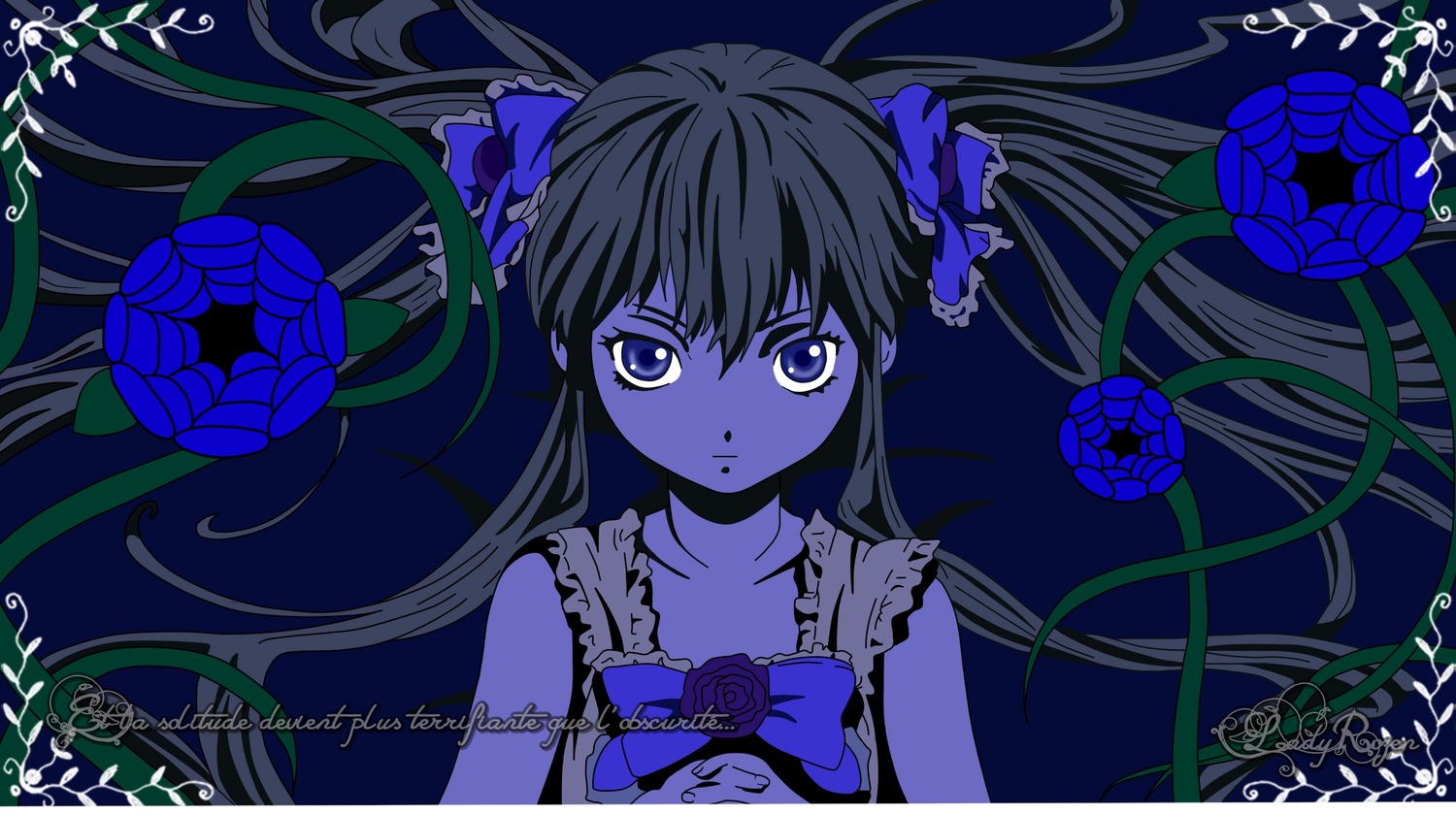 1girl bare_shoulders black_hair blue_eyes blue_flower blue_rose dress flower hair_ribbon hatsune_miku image long_hair looking_at_viewer plant ribbon rose shinku sleeveless solo twintails upper_body