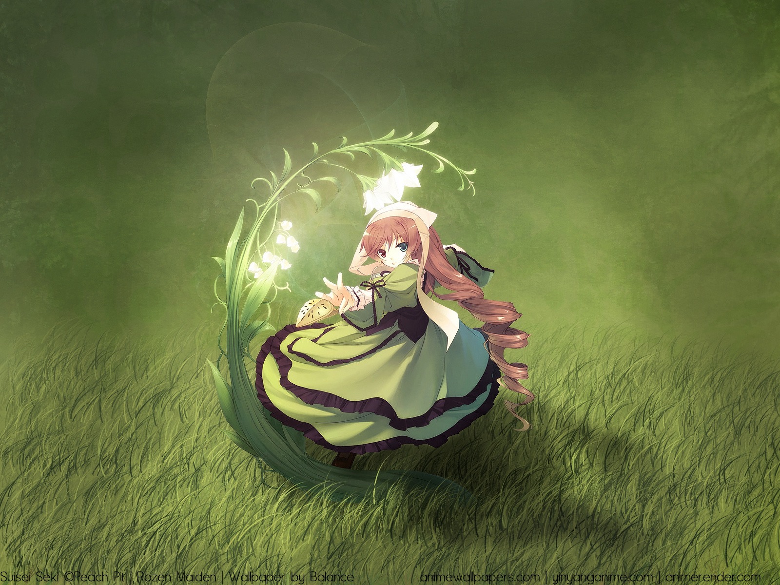 1girl artist_name bow brown_hair dress drill_hair flower grass green_dress green_eyes image long_dress long_hair long_sleeves pink_hair solo suiseiseki twin_drills very_long_hair