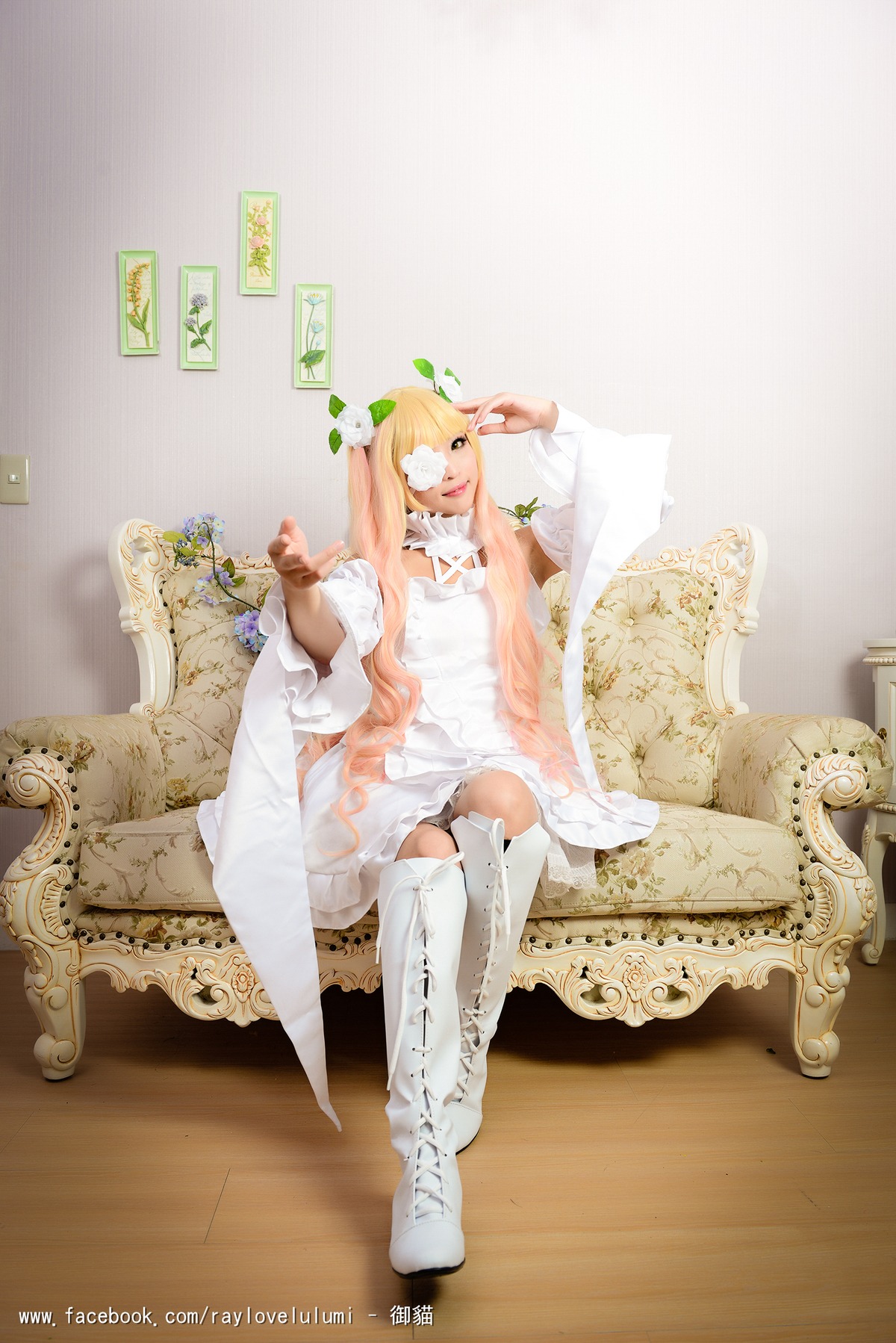 1girl blonde_hair boots dress kirakishou long_hair sitting solo thighhighs underwear white_footwear