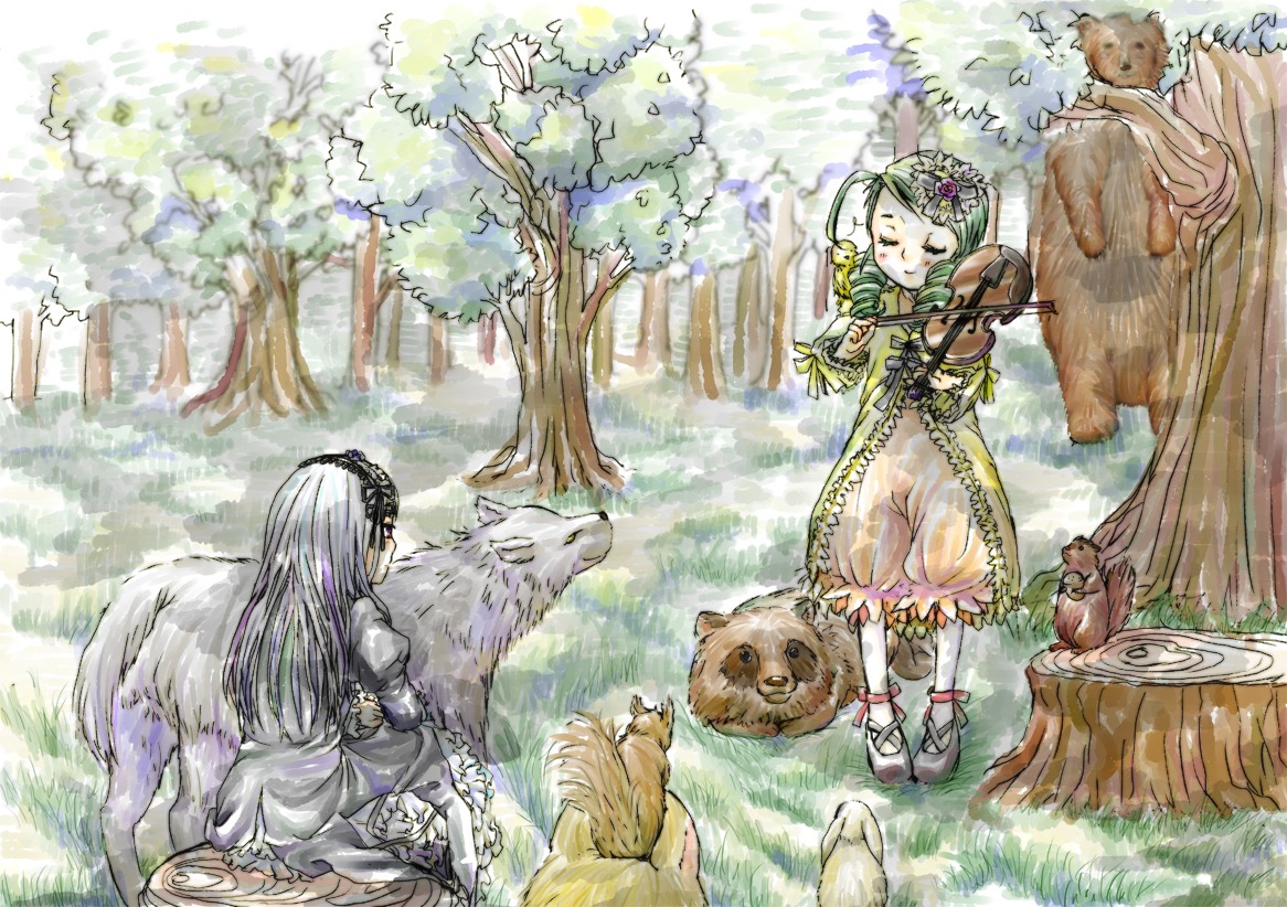 2girls dress flower forest hair_flower hair_ornament hairband image kanaria long_hair multiple_girls nature pair sitting suigintou tree wolf