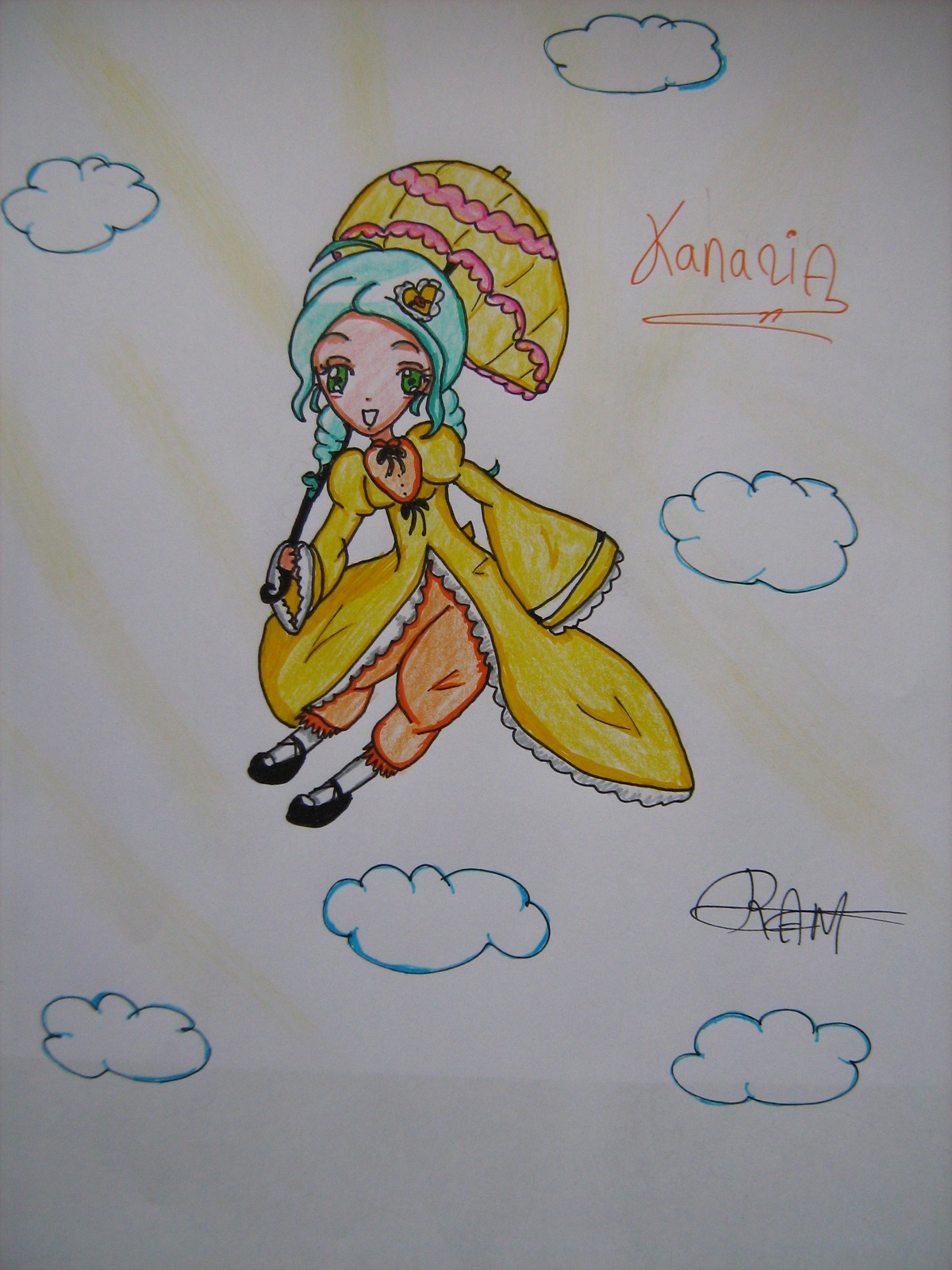 1girl artist_name cloud dress full_body green_eyes image kanaria long_sleeves marker_(medium) photo shoes signature smile smoke solo traditional_media umbrella watercolor_(medium) yellow_dress