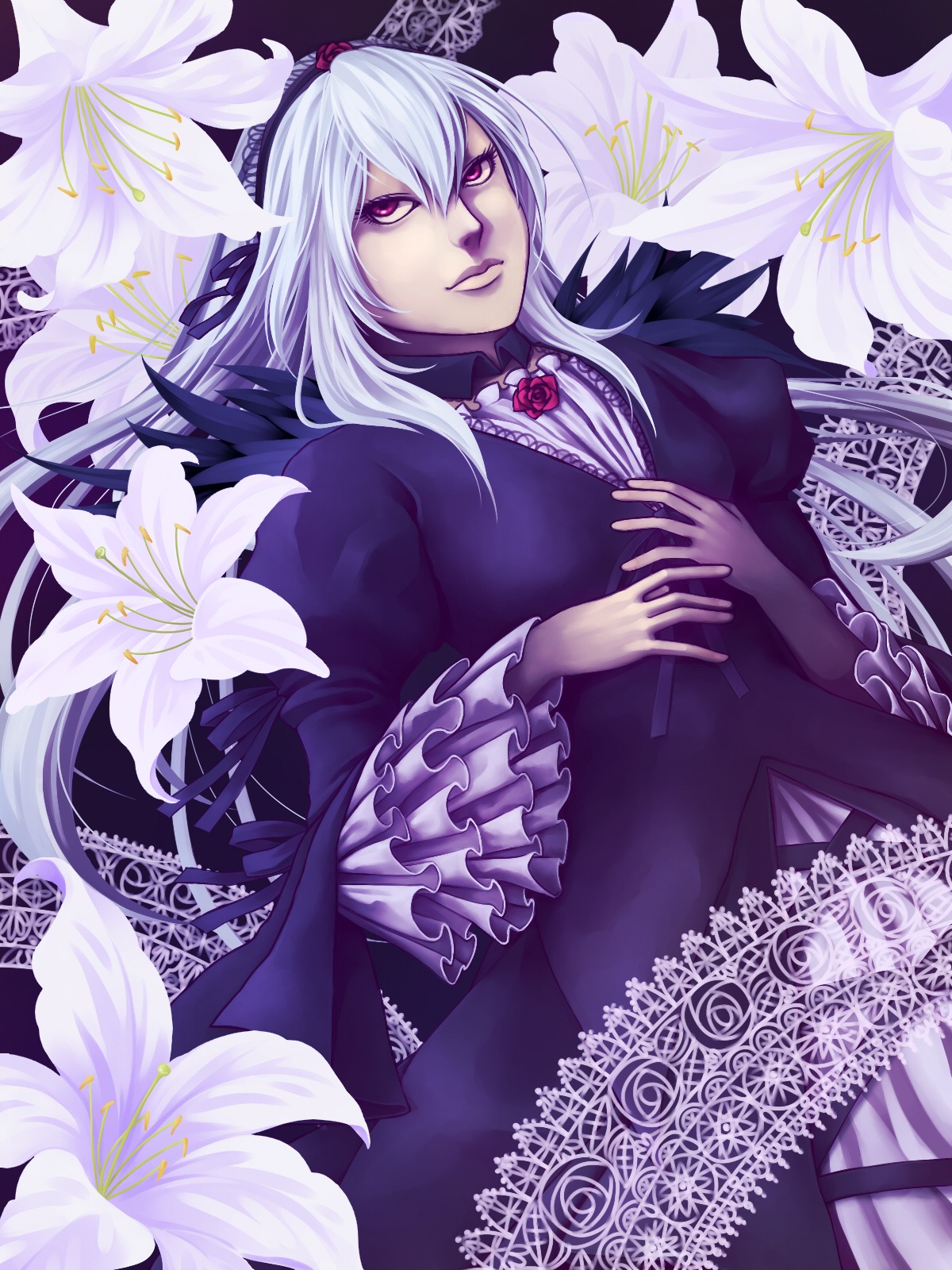 1girl dress flower frills image long_hair solo suigintou white_hair