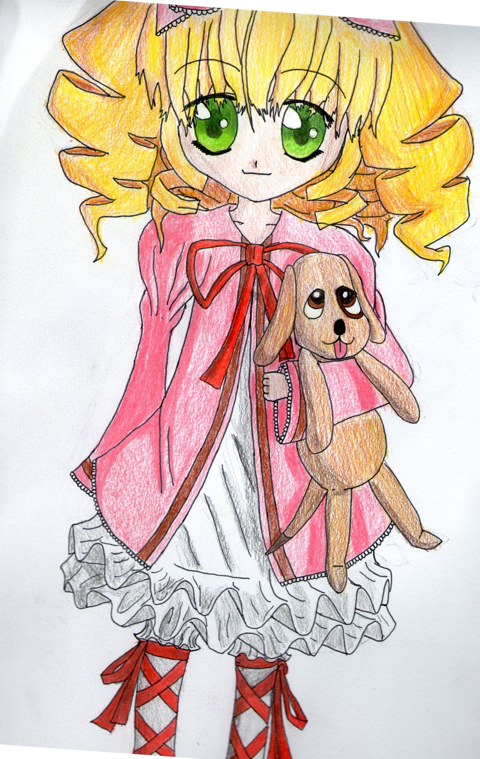 1girl blonde_hair blush dress drill_hair frills green_eyes hina_ichigo hinaichigo image long_sleeves looking_at_viewer pink_dress red_ribbon ribbon smile solo standing traditional_media