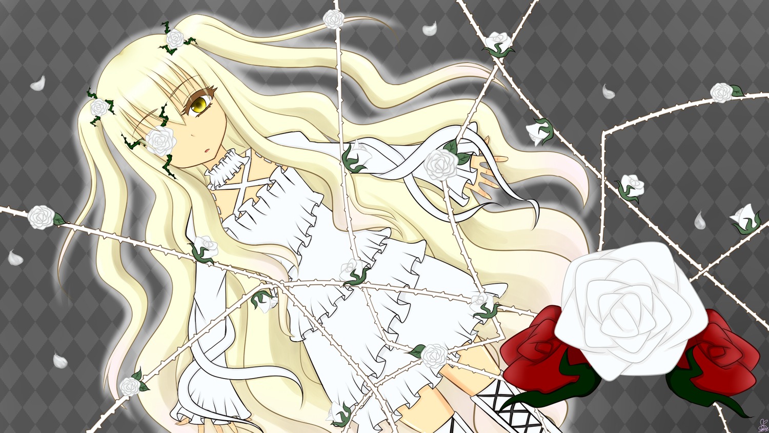1girl argyle argyle_background argyle_legwear auto_tagged bandage_over_one_eye blonde_hair board_game checkered checkered_background checkered_floor chess_piece dress eyepatch flower honeycomb_background image kirakishou long_hair perspective pink_flower pink_rose plaid_background plant red_flower red_rose rose solo thighhighs thorns tile_floor tiles vines white_rose yellow_eyes