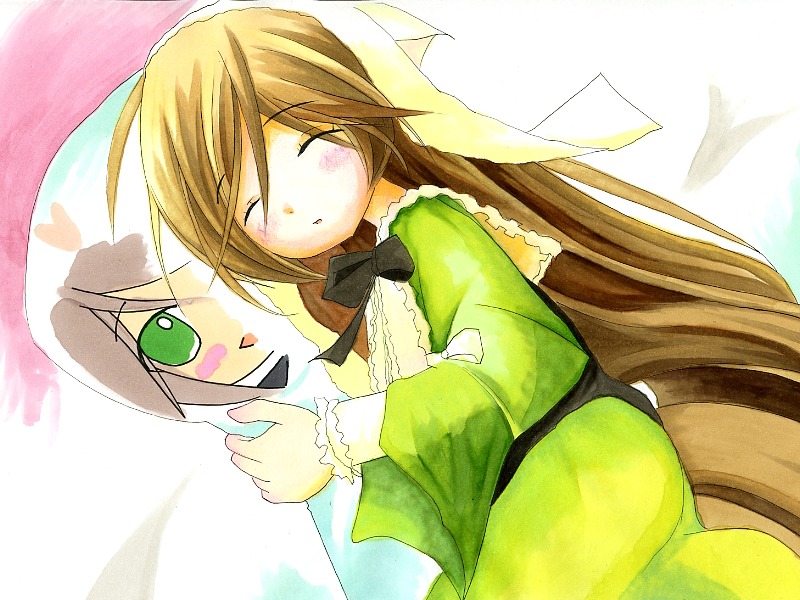 2girls blonde_hair brown_hair closed_eyes dress green_dress green_eyes head_scarf image long_hair long_sleeves multiple_girls sleeping solo souseiseki suiseiseki very_long_hair