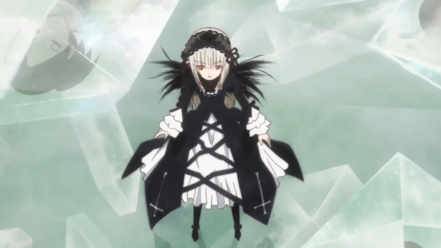 1girl bangs black_dress black_footwear boots dress frills full_body image light_rays long_hair long_sleeves rain red_eyes ribbon silver_hair solo standing suigintou umbrella