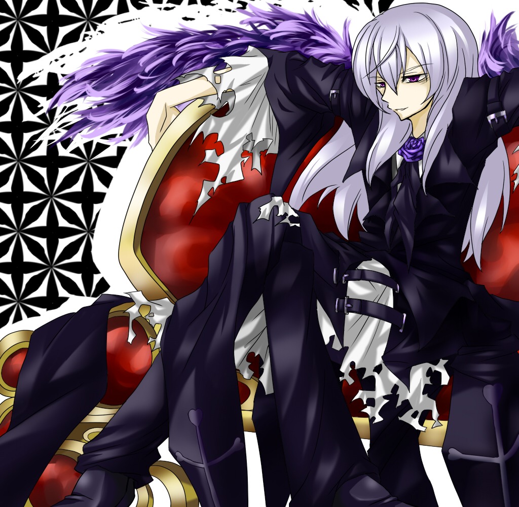 2boys flower gloves image long_hair multiple_boys pants purple_eyes purple_flower rose solo suigintou white_hair