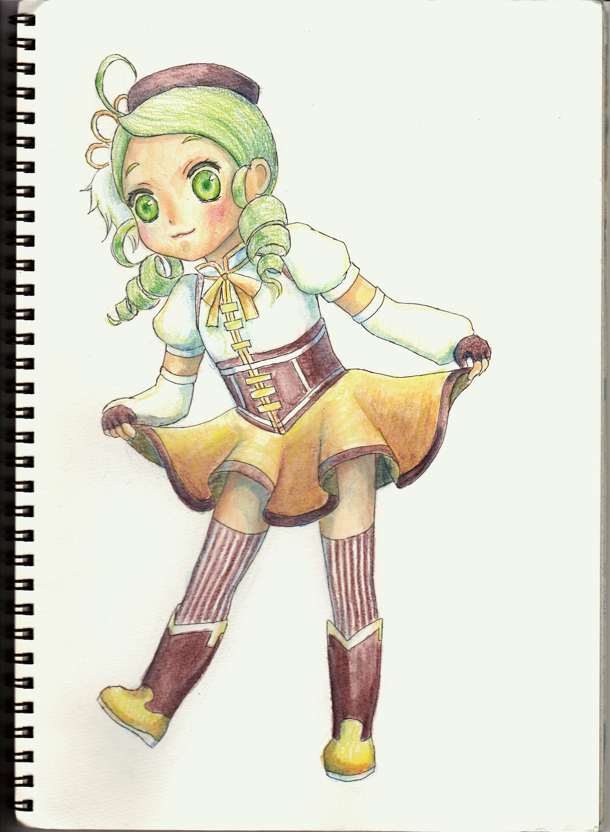 1girl auto_tagged beret blonde_hair boots drill_hair fingerless_gloves gloves gun hair_ornament hat image kanaria magical_girl puffy_sleeves skirt solo striped striped_legwear thighhighs tomoe_mami traditional_media twin_drills twintails vertical-striped_legwear vertical_stripes