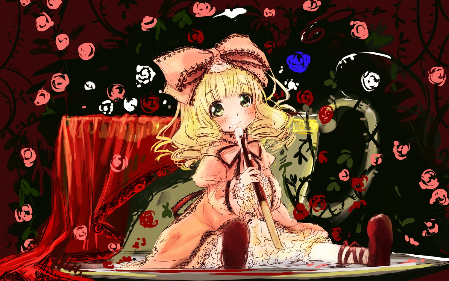 1girl abe_kanari blonde_hair blush bow commentary_request curly_hair dress flower food frills fruit gothic_lolita green_eyes hair_ribbon highres hina_ichigo hinaichigo image lolita_fashion looking_at_viewer photoshop_(medium) pink_bow plant pocky ribbon rose rozen_maiden saliva short_hair sitting smile solo vines