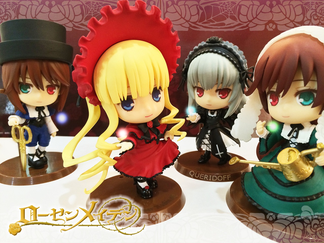 4girls blonde_hair blue_eyes bonnet bow brown_hair chibi doll dress frills green_dress hairband hat heterochromia long_hair long_sleeves looking_at_viewer multiple_dolls multiple_girls red_eyes shinku short_hair souseiseki suigintou suiseiseki tagme twintails wings