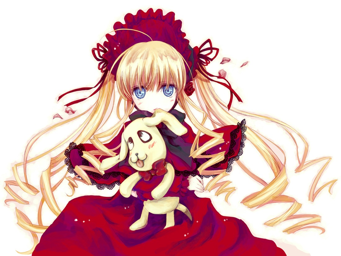 1girl ahoge blonde_hair blue_eyes blush bonnet bow capelet cradle_(artist) dress drill_hair expressionless floating_hair flower holding image kunkun kuroya_shinobu long_hair long_sleeves looking_at_viewer petals red_capelet red_dress rose rozen_maiden shinku solo twin_drills twintails upper_body very_long_hair