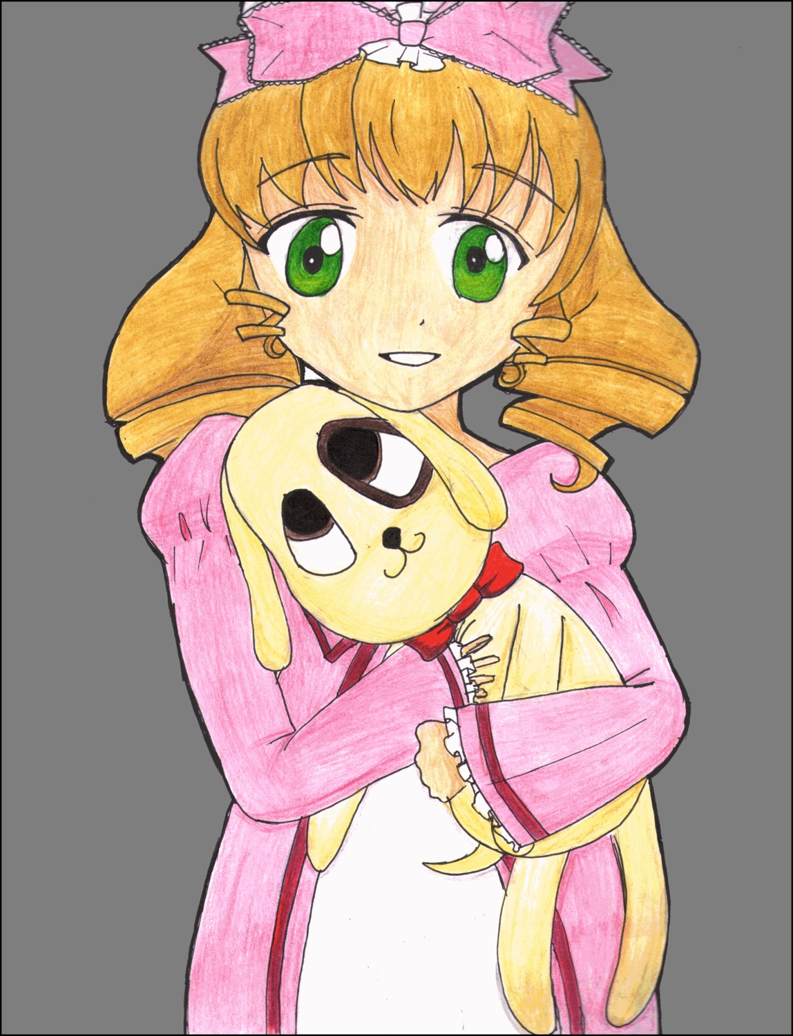 1girl blonde_hair bow green_eyes hair_bow hina_ichigo hinaichigo image looking_at_viewer pajamas pink_bow pink_dress smile solo stuffed_animal transparent_background