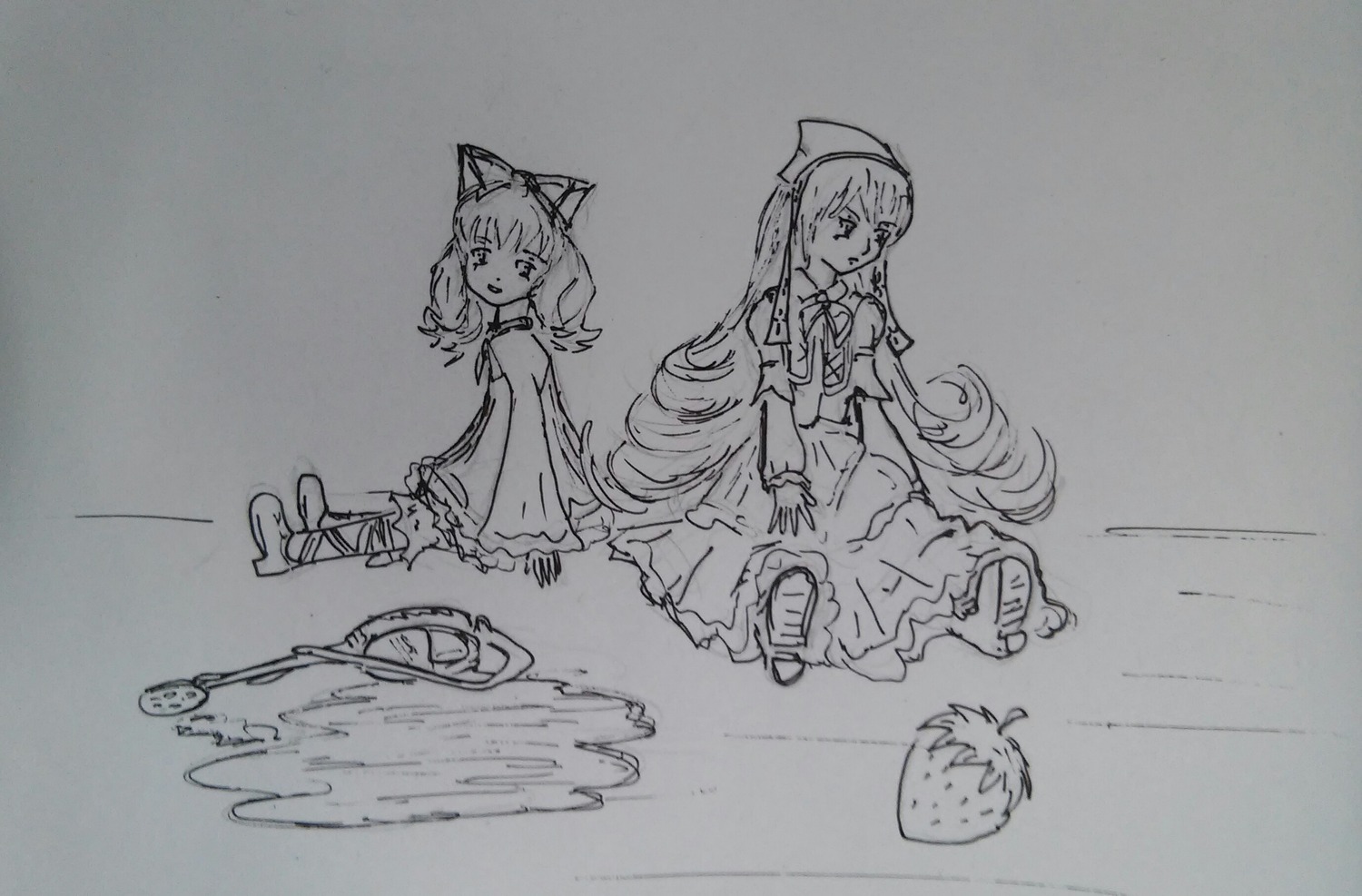 2girls bow bubble_skirt dress greyscale hinaichigo image long_hair monochrome multiple_girls pair sketch suiseiseki traditional_media