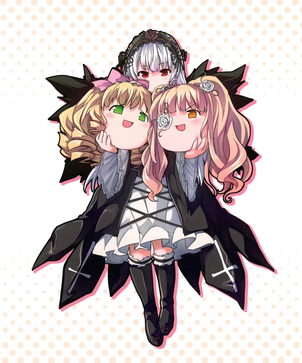 blonde_hair blush boots bow chibi doll dress eyepatch flower frills green_eyes hairband halftone halftone_background image long_hair long_sleeves multiple multiple_girls open_mouth polka_dot polka_dot_background polka_dot_bra polka_dot_dress polka_dot_legwear polka_dot_panties rose silver_hair smile suigintou tagme twintails wings