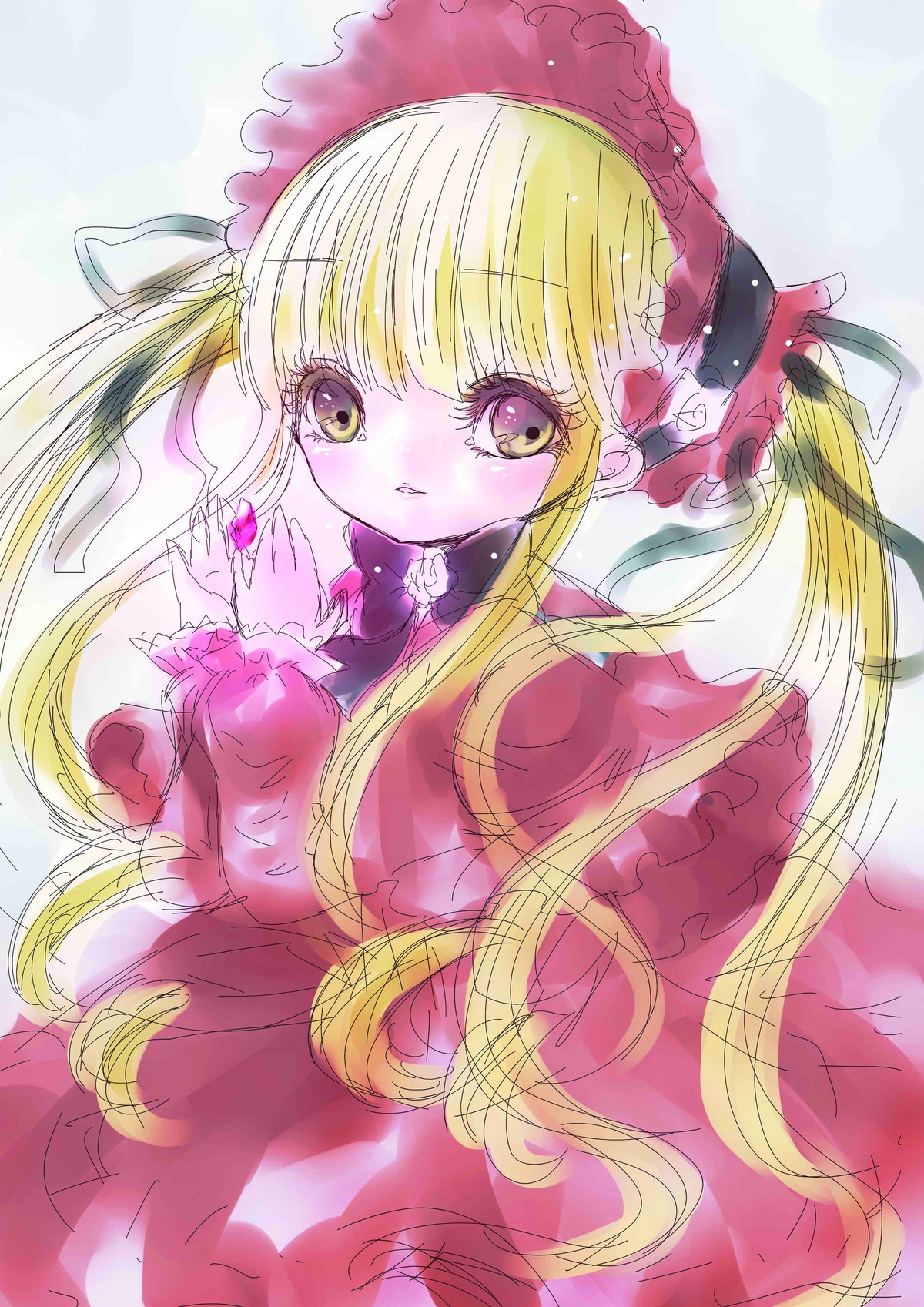 1girl bangs blonde_hair dress eyebrows_visible_through_hair frills image long_hair long_sleeves looking_at_viewer red_dress shinku solo twintails
