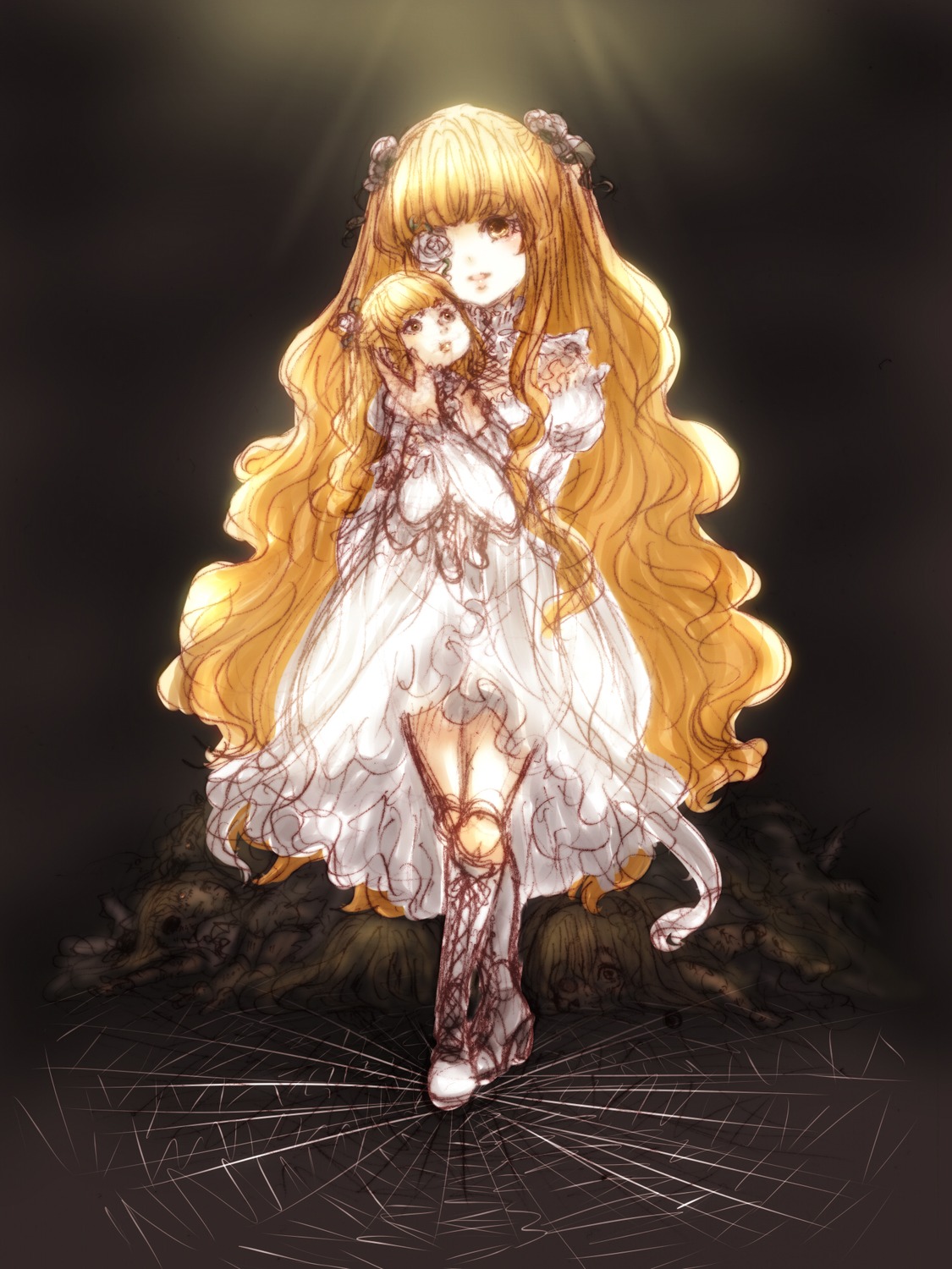 2girls blonde_hair doll_joints double_bun dress dual_persona frills hair_ornament image joints kirakishou long_hair multiple_girls solo very_long_hair white_dress yellow_eyes