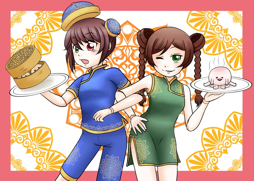 1boy baozi braid brown_hair china_dress chinese_clothes double_bun dress food green_eyes hand_on_hip image multiple_girls one_eye_closed pair red_eyes smile souseiseki suiseiseki twin_braids twins