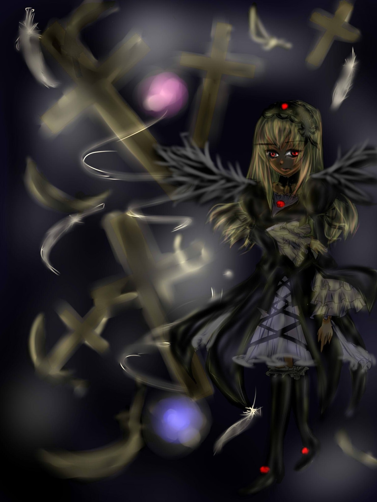 1girl black_wings blonde_hair cross dress feathers frills image jewelry long_hair red_eyes rose smile solo suigintou wings