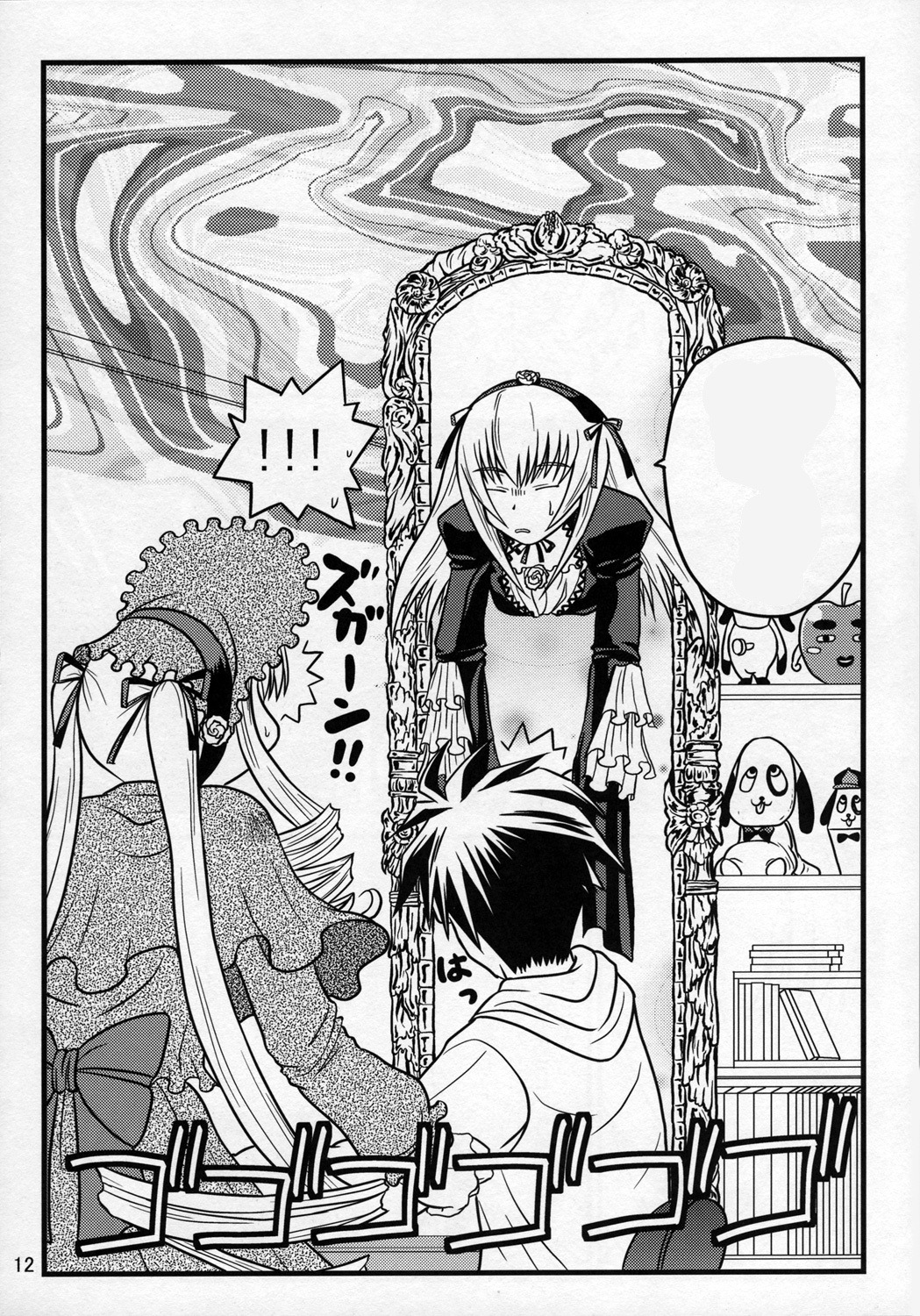 1boy 1girl comic dress greyscale hairband image lolita_hairband long_hair monochrome pair sakurada_jun shinku spoken_exclamation_mark suigintou twintails