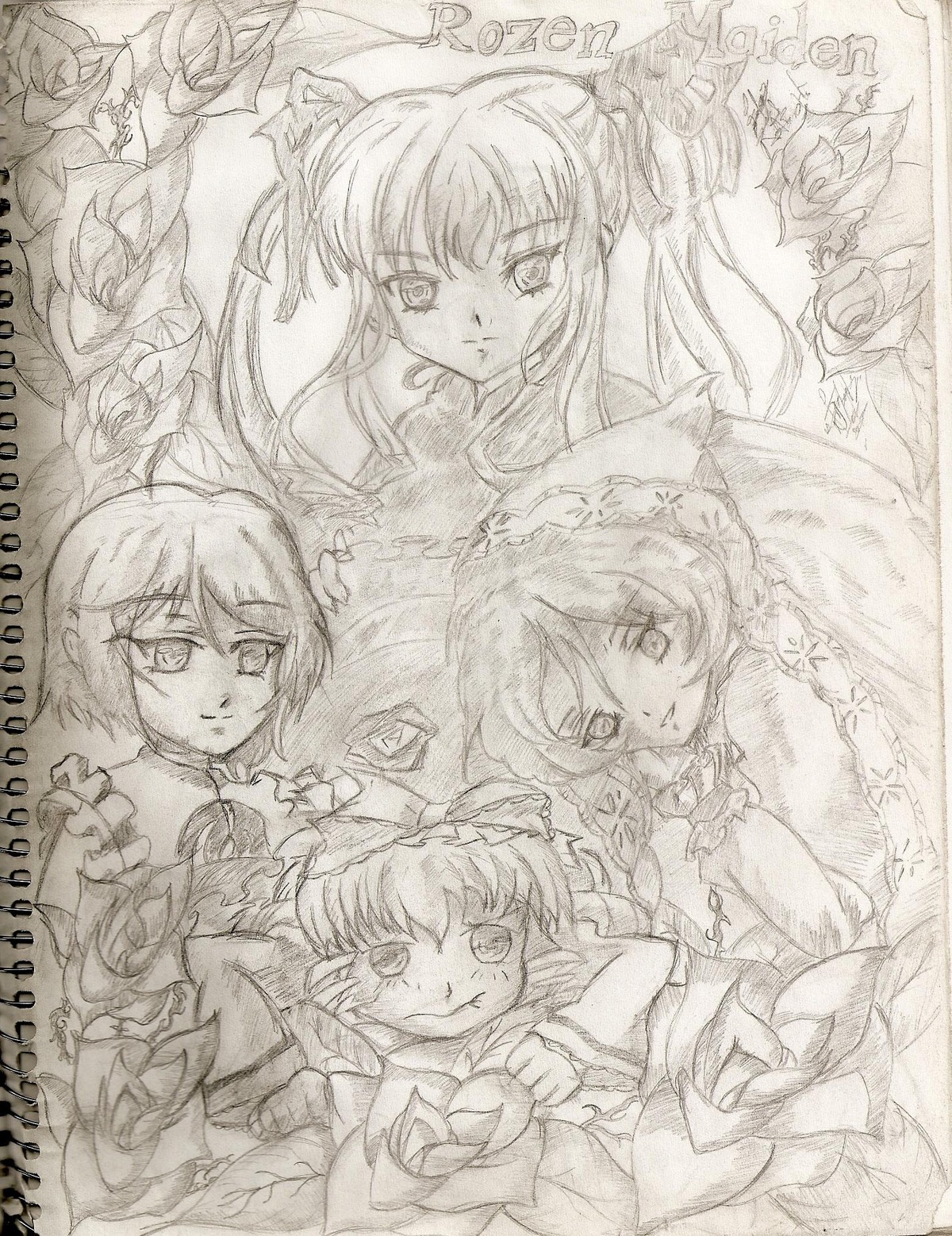 5girls dress flower frills hat hina_ichigo image long_hair looking_at_viewer monochrome multiple multiple_girls rose short_hair sketch smile suigintou suiseiseki tagme twintails