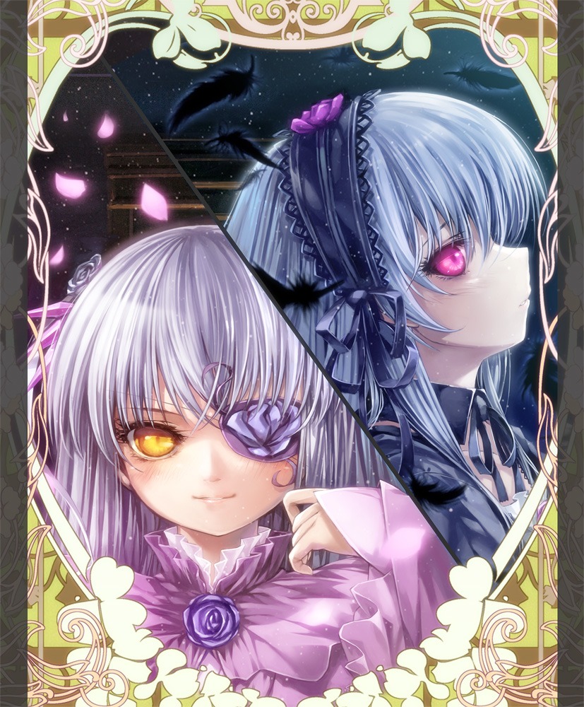 2girls barasuishou eyepatch flower frills hairband image long_hair looking_at_viewer moon multiple_girls pair rose silver_hair suigintou wings