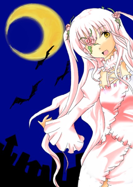 1girl crescent_moon dress eyepatch flower frills full_moon halloween image kirakishou long_hair moon night night_sky open_mouth pink_hair rose sky solo very_long_hair yellow_eyes