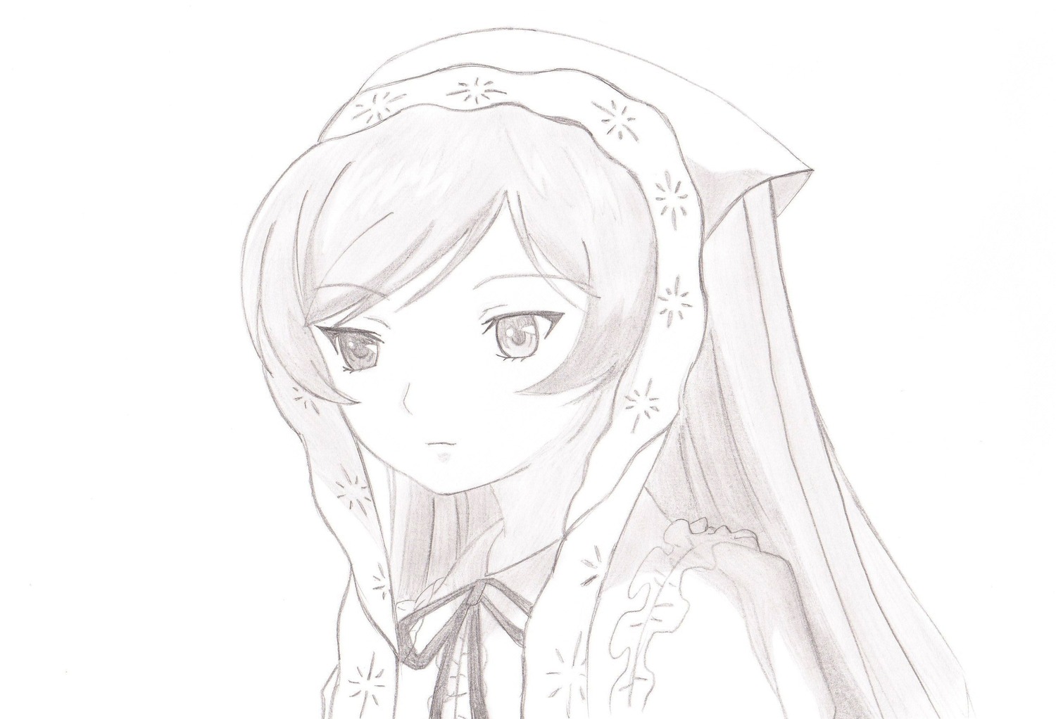 1girl blush closed_mouth greyscale head_scarf image long_hair monochrome sketch solo star_(symbol) striped suiseiseki upper_body vertical_stripes white_background