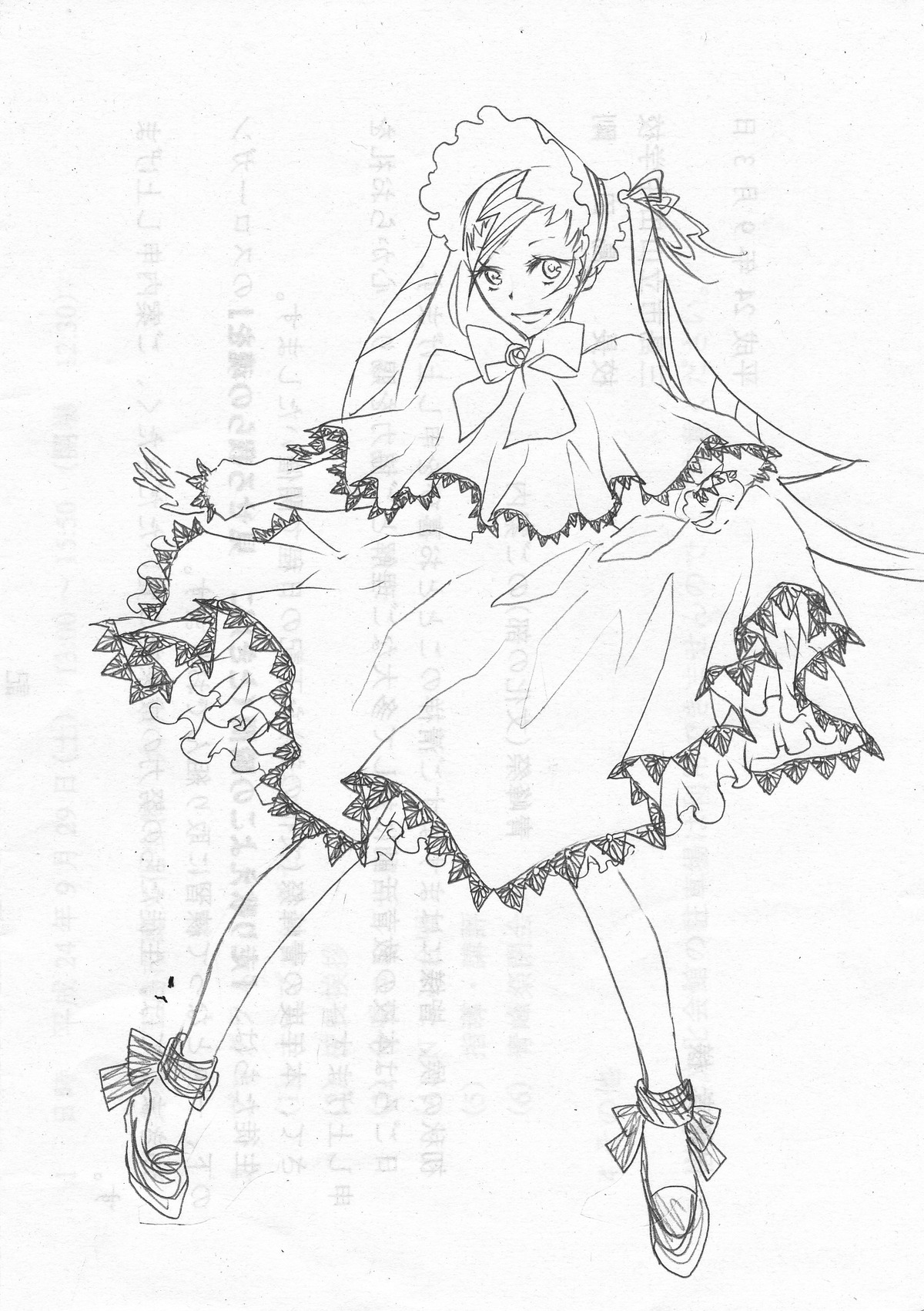 1girl ankle_ribbon bonnet bow capelet dress frills full_body greyscale image lolita_fashion long_hair long_sleeves monochrome ribbon shinku solo standing traditional_media twintails very_long_hair