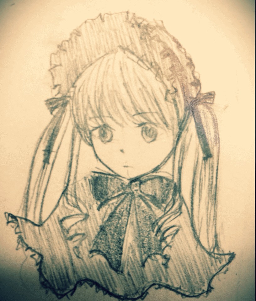 1girl bangs closed_mouth dress eyebrows_visible_through_hair image long_hair looking_at_viewer monochrome photo shinku simple_background solo traditional_media twintails upper_body