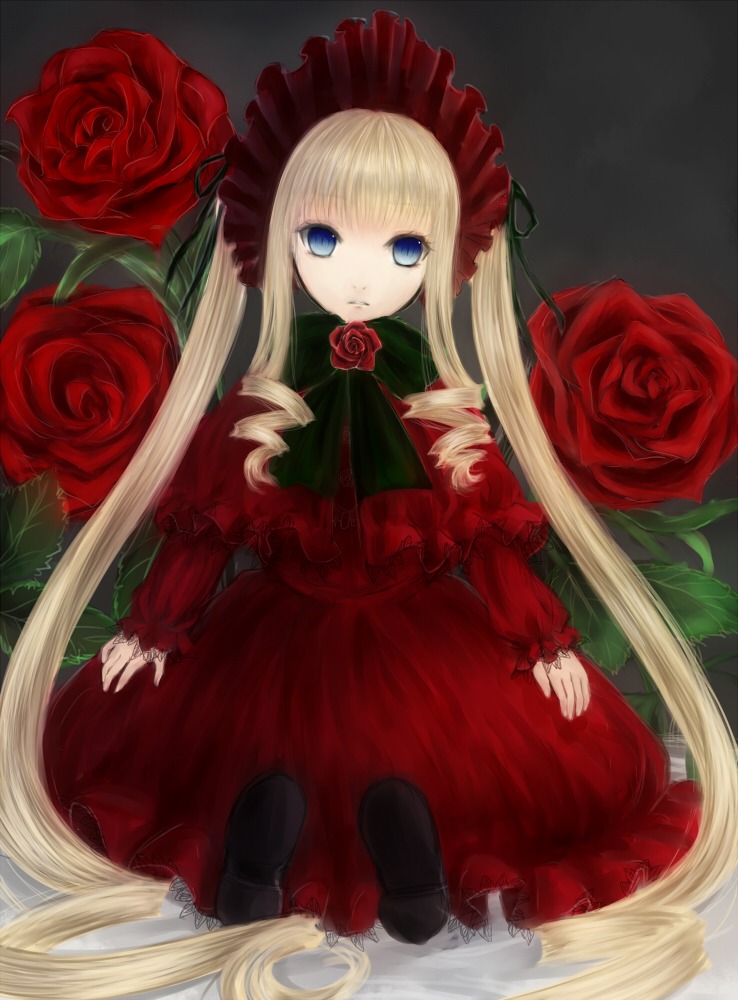 1girl blonde_hair blue_eyes bow dress flower image lolita_fashion long_hair looking_at_viewer pink_rose red_dress red_flower red_rose rose rose_petals shinku sitting solo thorns twintails very_long_hair