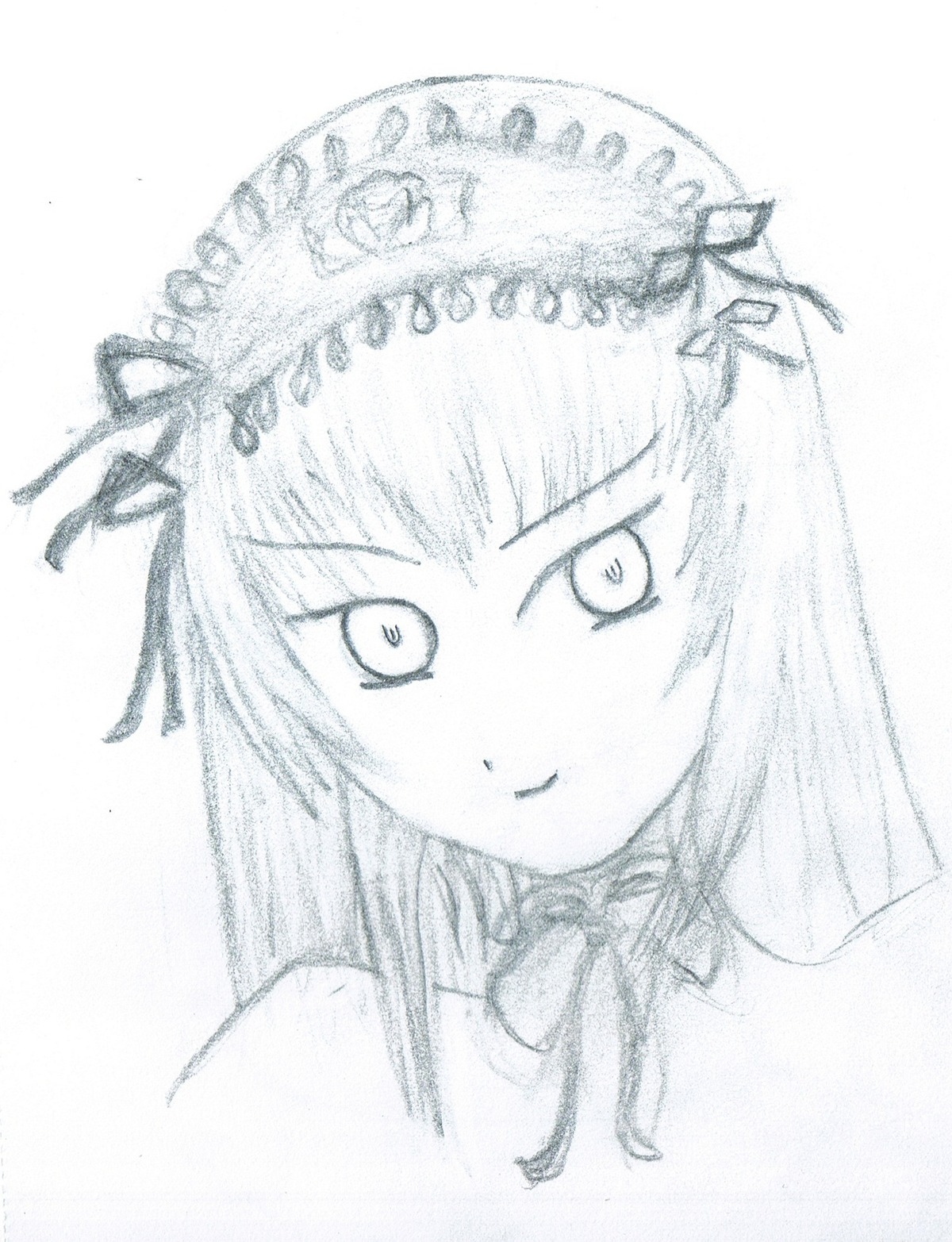 1girl closed_mouth face greyscale hair_ribbon image long_hair looking_at_viewer monochrome portrait ribbon simple_background smile solo suigintou traditional_media white_background