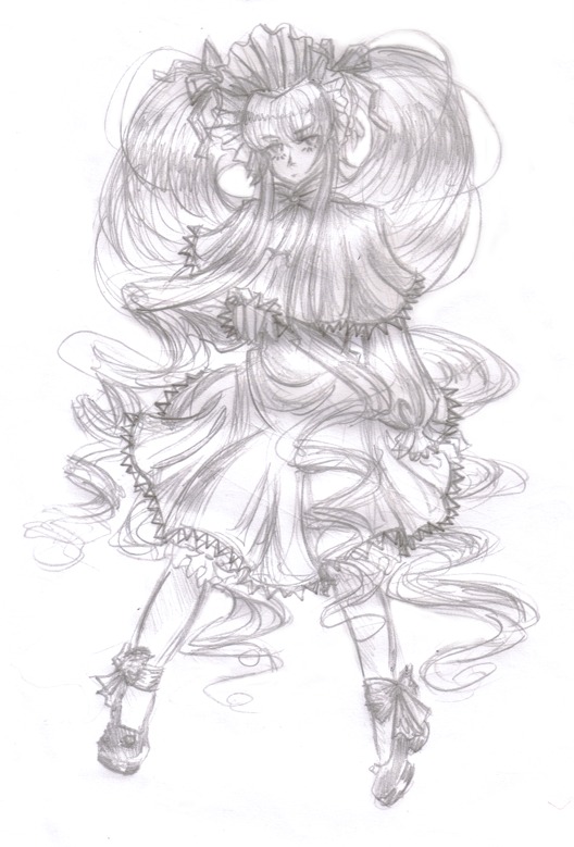 1girl dress frills full_body hat image long_hair long_sleeves monochrome ribbon shinku shoes sketch solo standing striped vertical_stripes very_long_hair