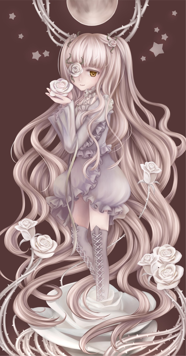 1girl blonde_hair boots chain cross cross-laced_footwear dress eyepatch flower full_moon hair_flower hair_ornament image kirakishou long_hair moon rose sitting solo star_(symbol) thorns two_side_up very_long_hair vines white_flower white_rose yellow_eyes