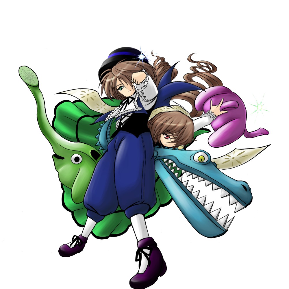 2girls brown_hair dress frills green_eyes hat image long_hair multiple_girls pair pants red_eyes short_hair siblings sisters souseiseki suiseiseki top_hat twins