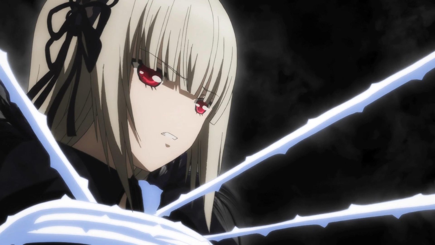 1girl bangs dress eyebrows_visible_through_hair hair_ribbon hairband holding holding_sword holding_weapon image long_sleeves looking_at_viewer red_eyes ribbon solo suigintou sword weapon