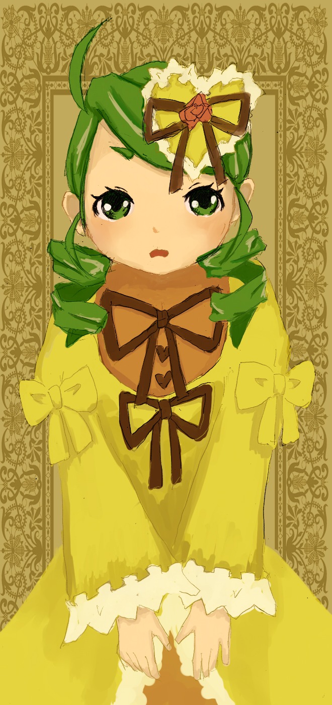 1girl bow crown dress drill_hair green_eyes green_hair image kanaria long_sleeves ribbon simple_background solo twin_drills yellow_dress