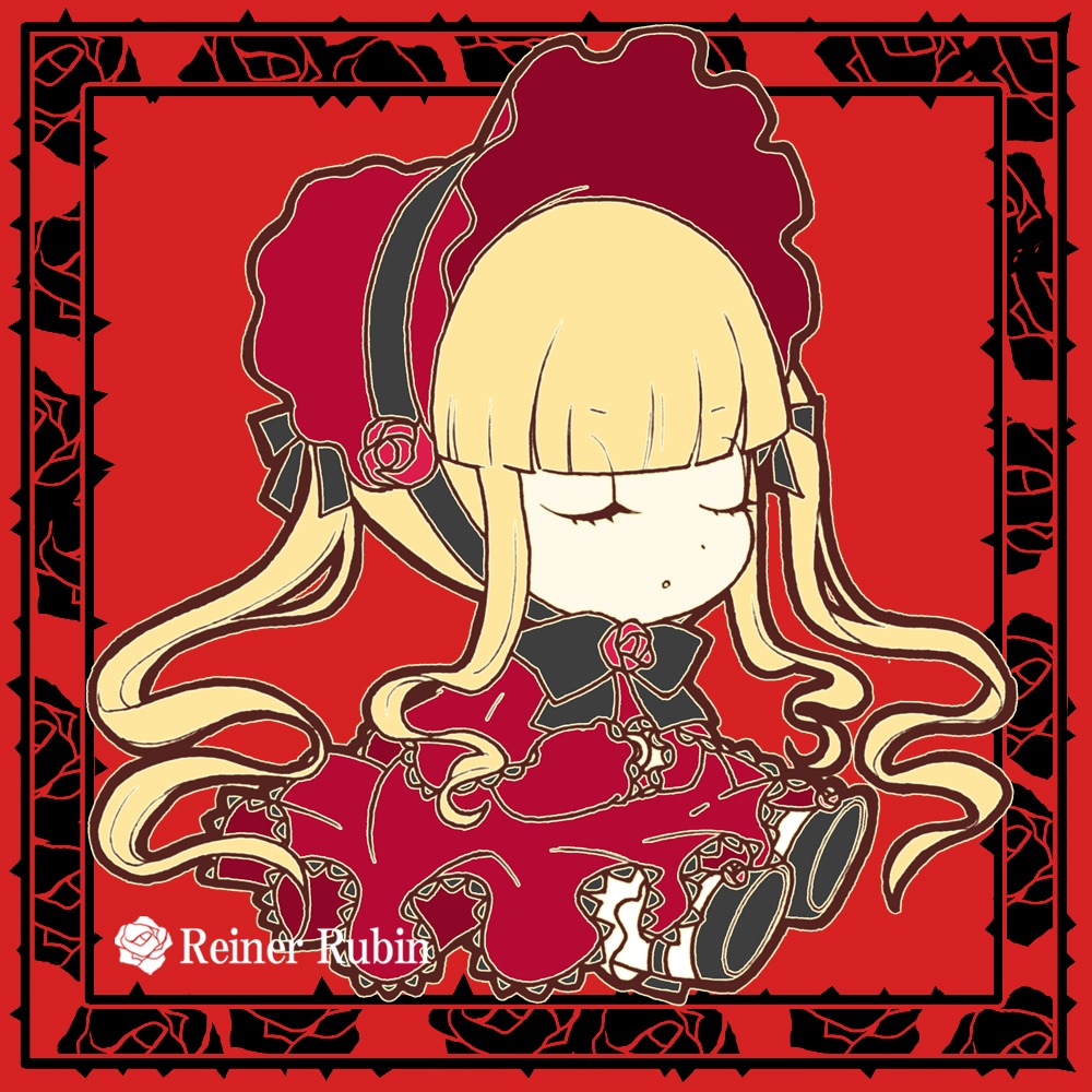 1girl bangs blonde_hair bonnet bow chibi closed_eyes dress flower hat image long_hair long_sleeves red_background rose shinku solo