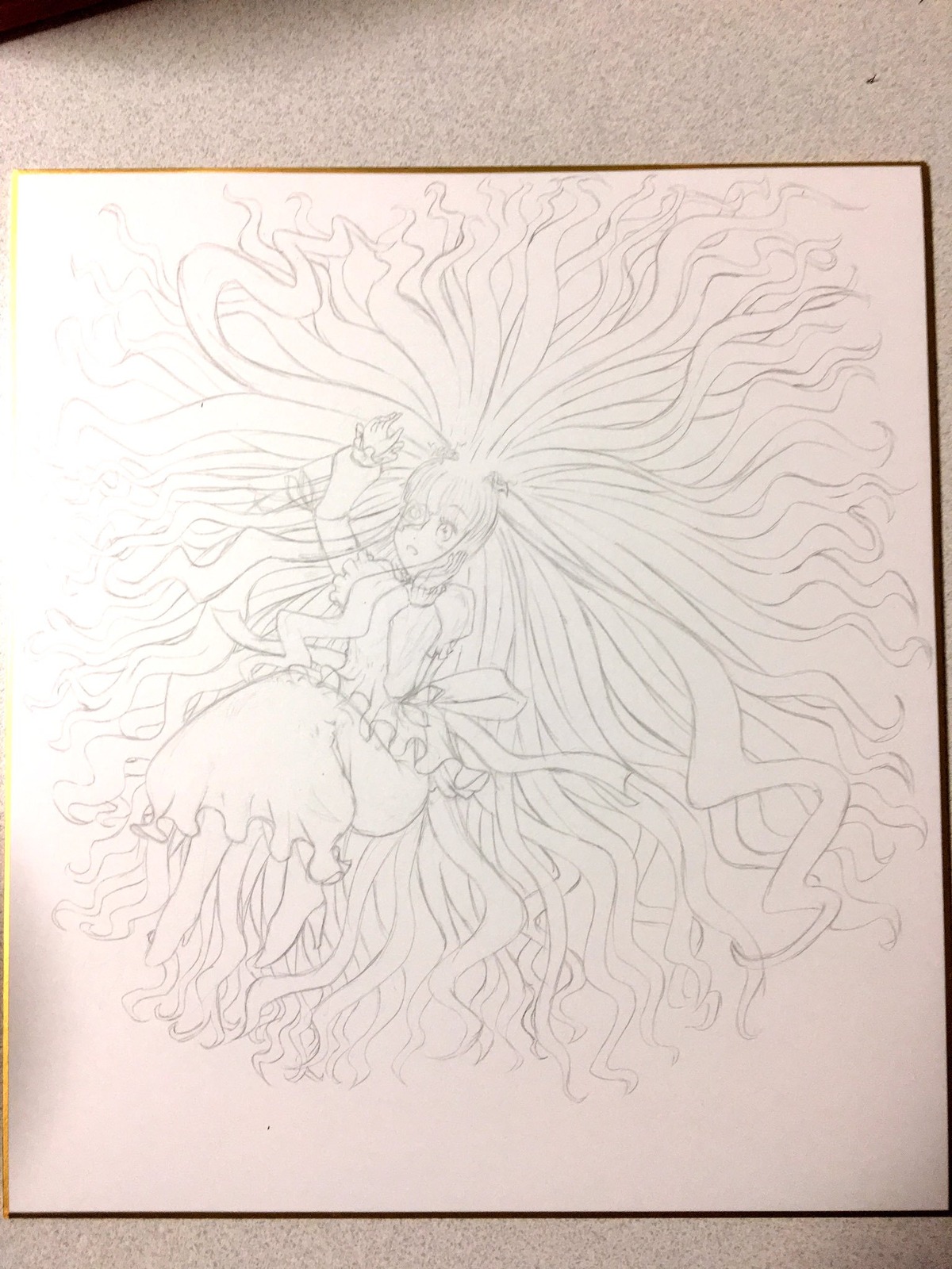 1girl dress image kirakishou long_hair monochrome solo traditional_media very_long_hair