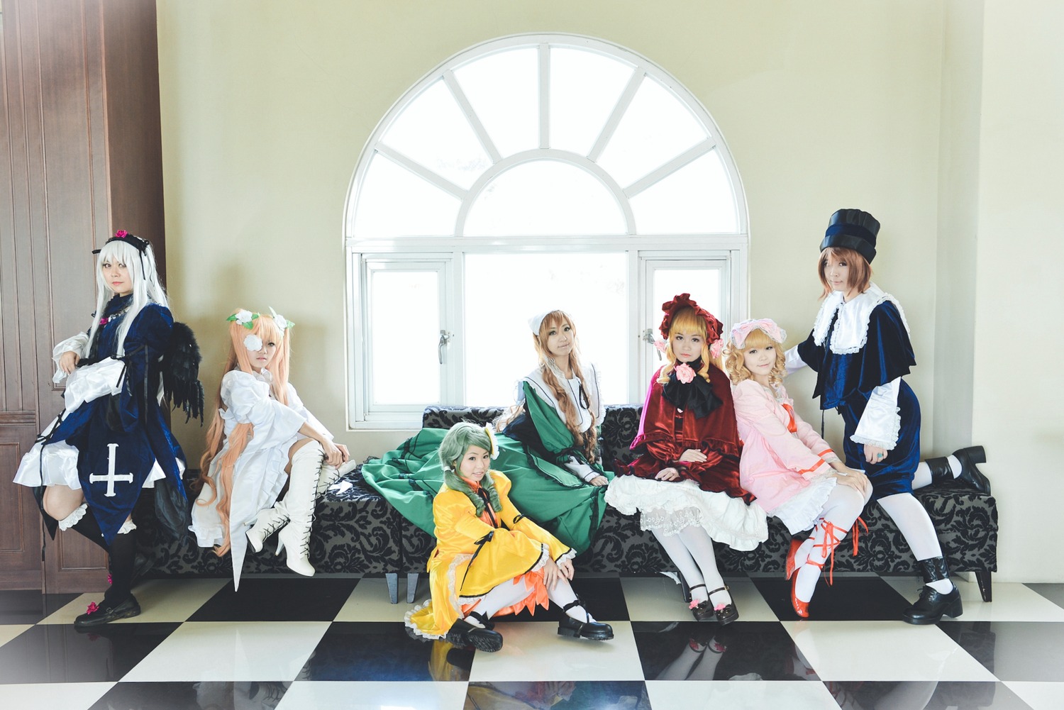 5girls 6+girls argyle argyle_background argyle_legwear black_legwear black_rock_shooter_(character) blonde_hair blue_eyes board_game bonnet boots bow brown_hair card chair chandelier checkerboard_cookie checkered checkered_background checkered_floor checkered_kimono checkered_scarf checkered_skirt chess_piece cookie curtains diamond_(shape) dress flag floor flower gloves green_eyes green_hair hair_ornament hat heterochromia himekaidou_hatate holding_flag indoors jacket japanese_clothes kimono knight_(chess) long_hair lying meiji_schoolgirl_uniform mirror multiple_cosplay multiple_girls obi on_floor pantyhose perspective petals pillar race_queen red_eyes reflection reflective_floor ribbon rose shide shoes short_hair silver_hair sitting skirt standing tagme thighhighs tile_floor tile_wall tiles top_hat vanishing_point white_gloves white_hair white_legwear wide_sleeves window