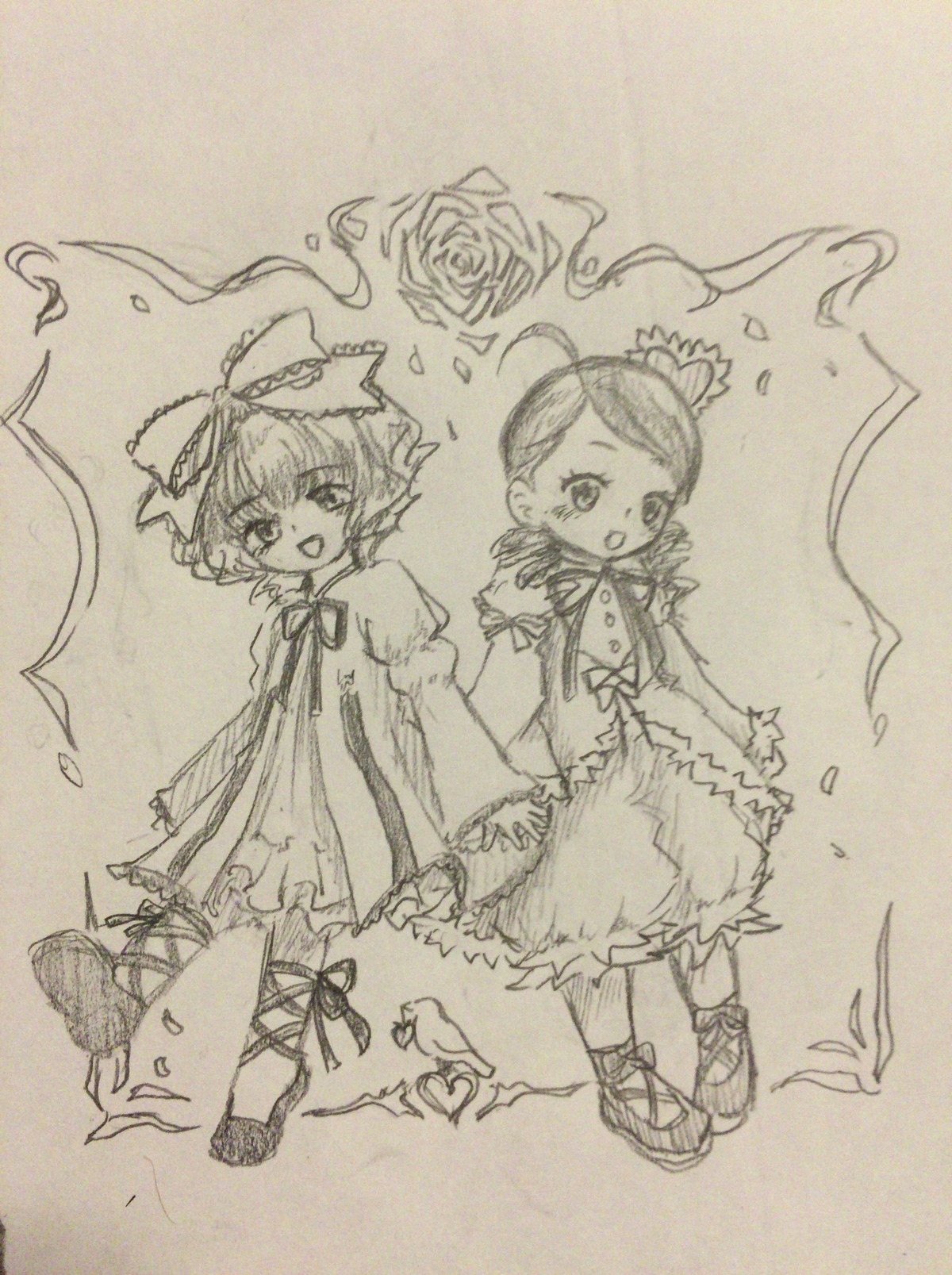 2girls bloomers bow dress flower hair_ornament hinaichigo image kanaria long_sleeves monochrome multiple_girls open_mouth pair ribbon rose short_hair sisters sketch smile traditional_media underwear