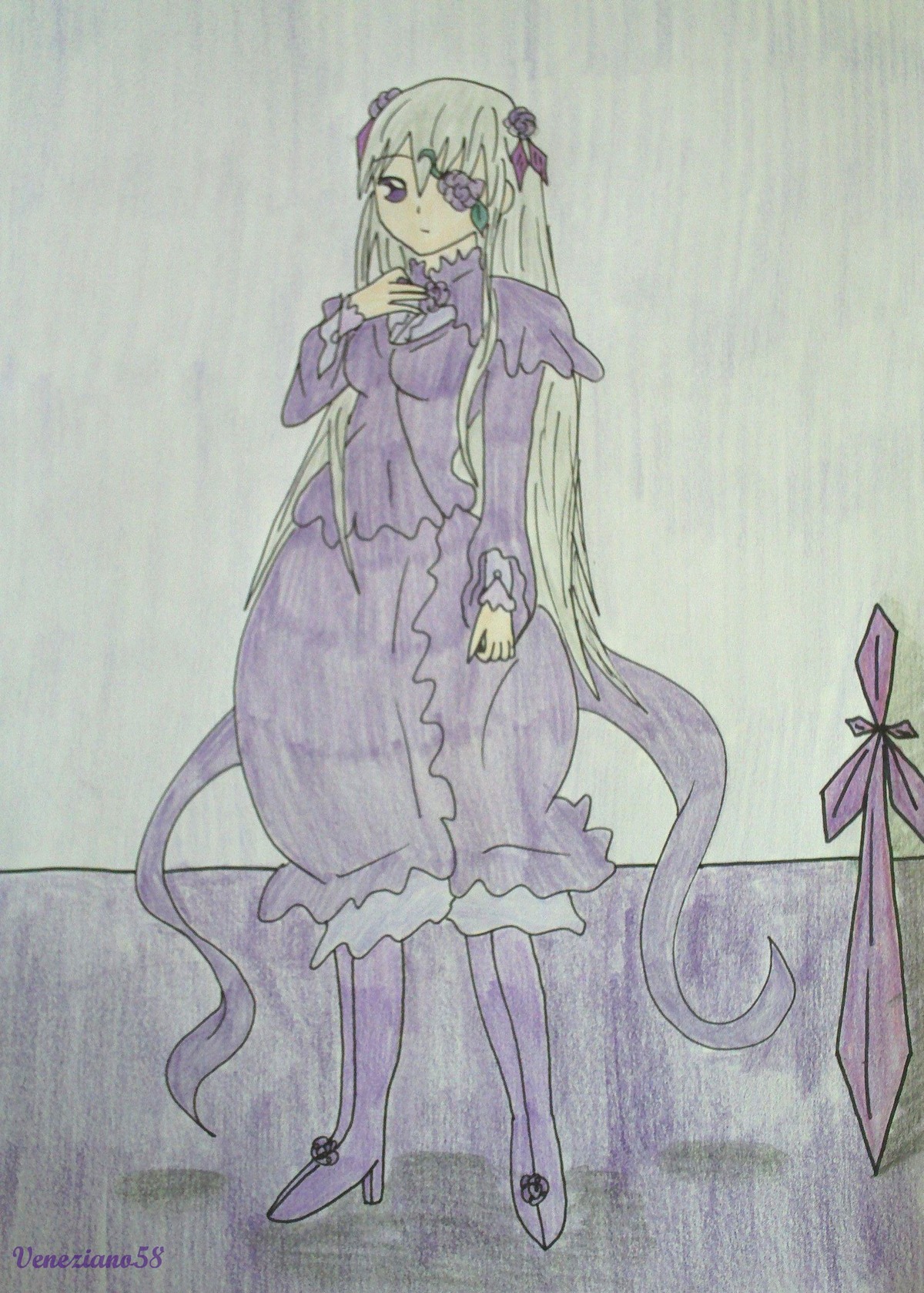 1girl barasuishou boots bow closed_umbrella dress frills full_body image long_hair long_sleeves purple_dress purple_eyes ribbon solo standing traditional_media umbrella very_long_hair