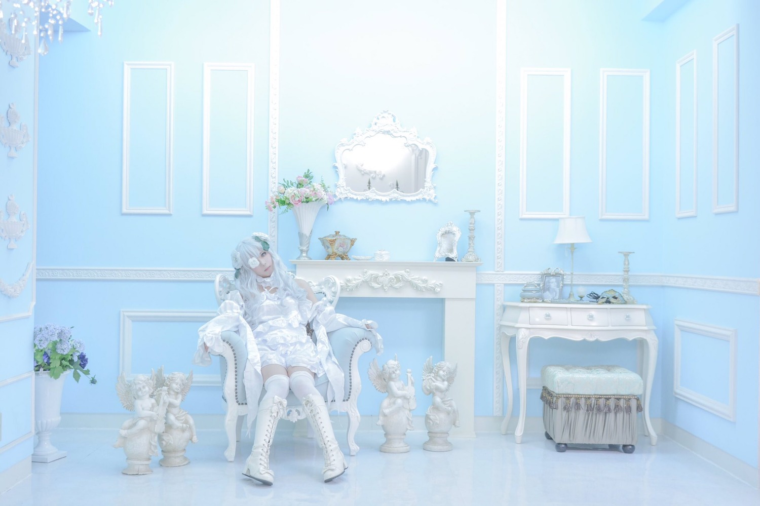 1girl building chair dress flower indoors kirakishou plant potted_plant sitting solo white_dress window