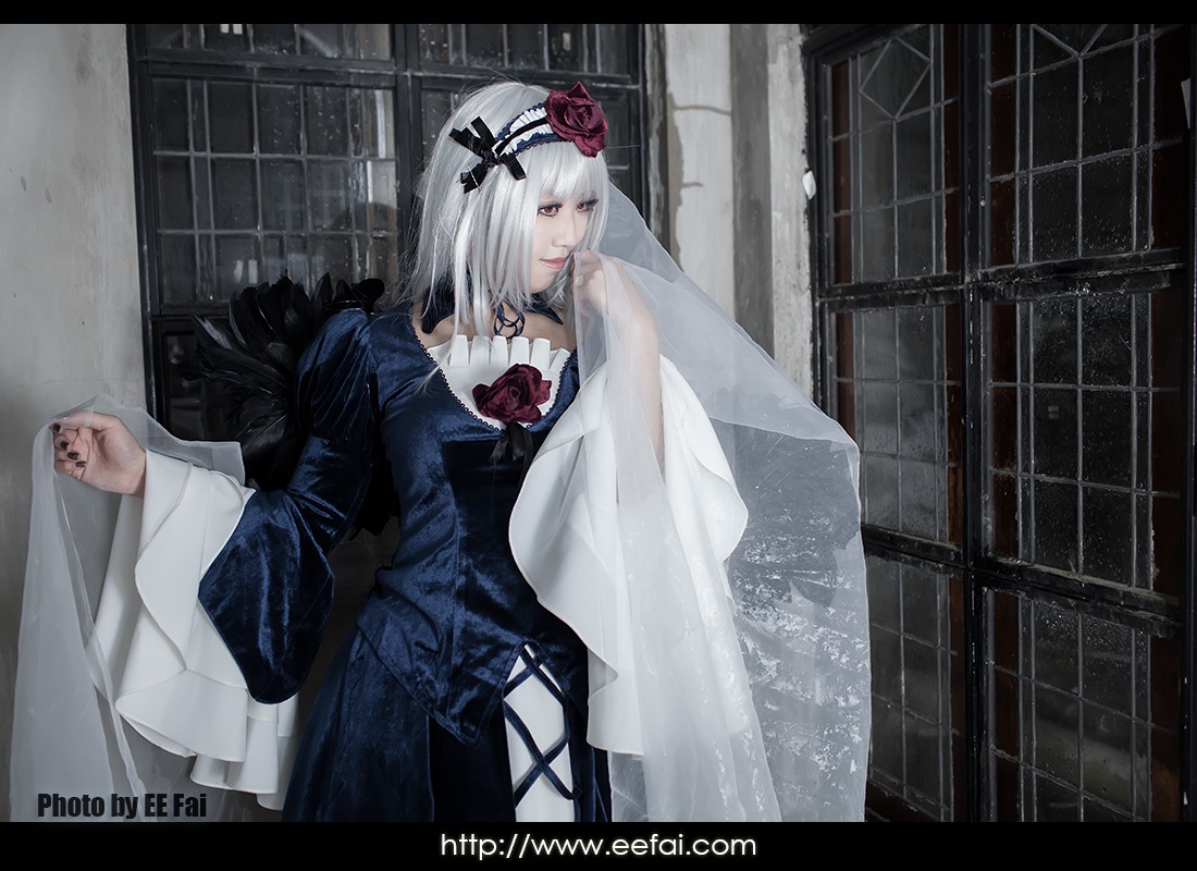 1girl bangs black_border black_dress dress flower letterboxed long_hair long_sleeves nail_polish rain rose solo suigintou veil white_hair window