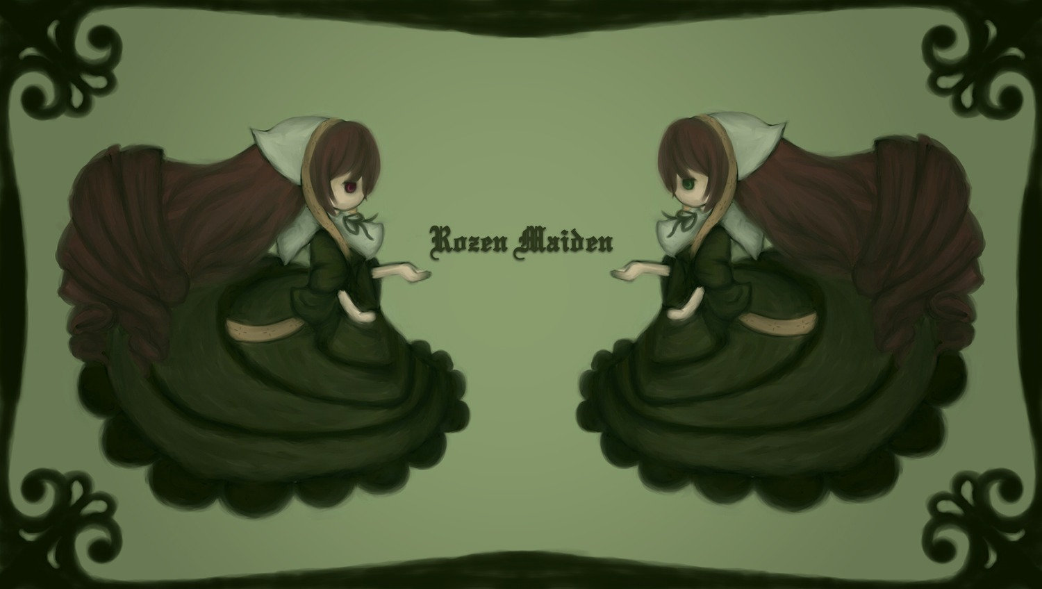 1girl auto_tagged brown_hair dress drill_hair green_dress head_scarf image long_hair long_sleeves looking_at_viewer multiple_views red_eyes solo suiseiseki twins very_long_hair wide_sleeves
