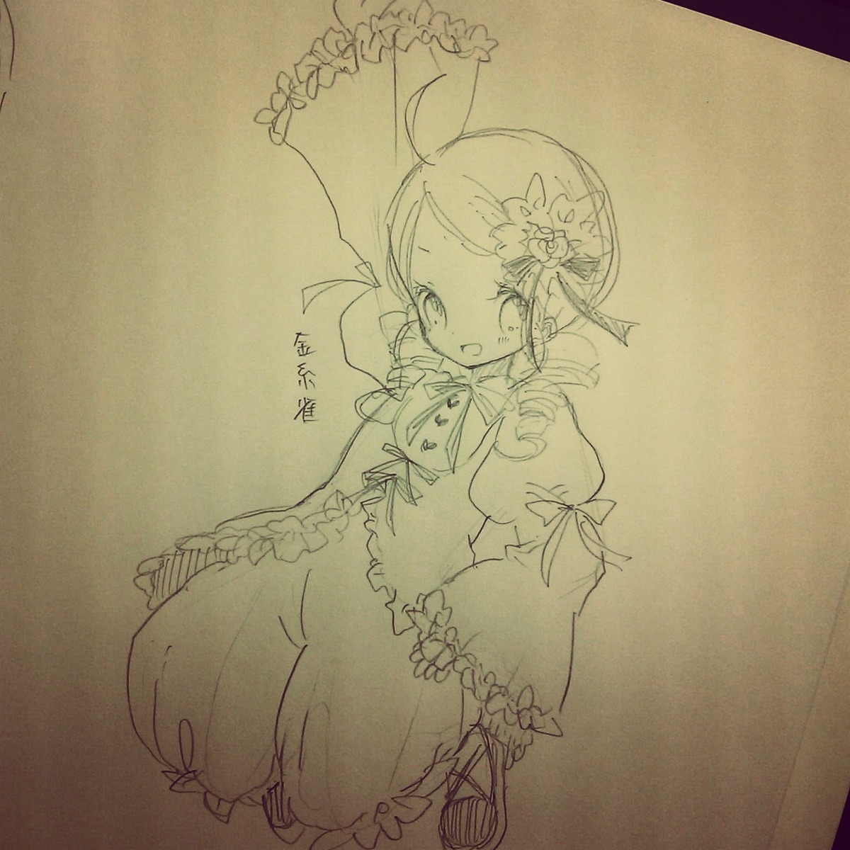 1girl ahoge bloomers blush brown_background dress flower full_body hair_ornament image kanaria long_sleeves monochrome open_mouth photo puffy_sleeves solo traditional_media umbrella