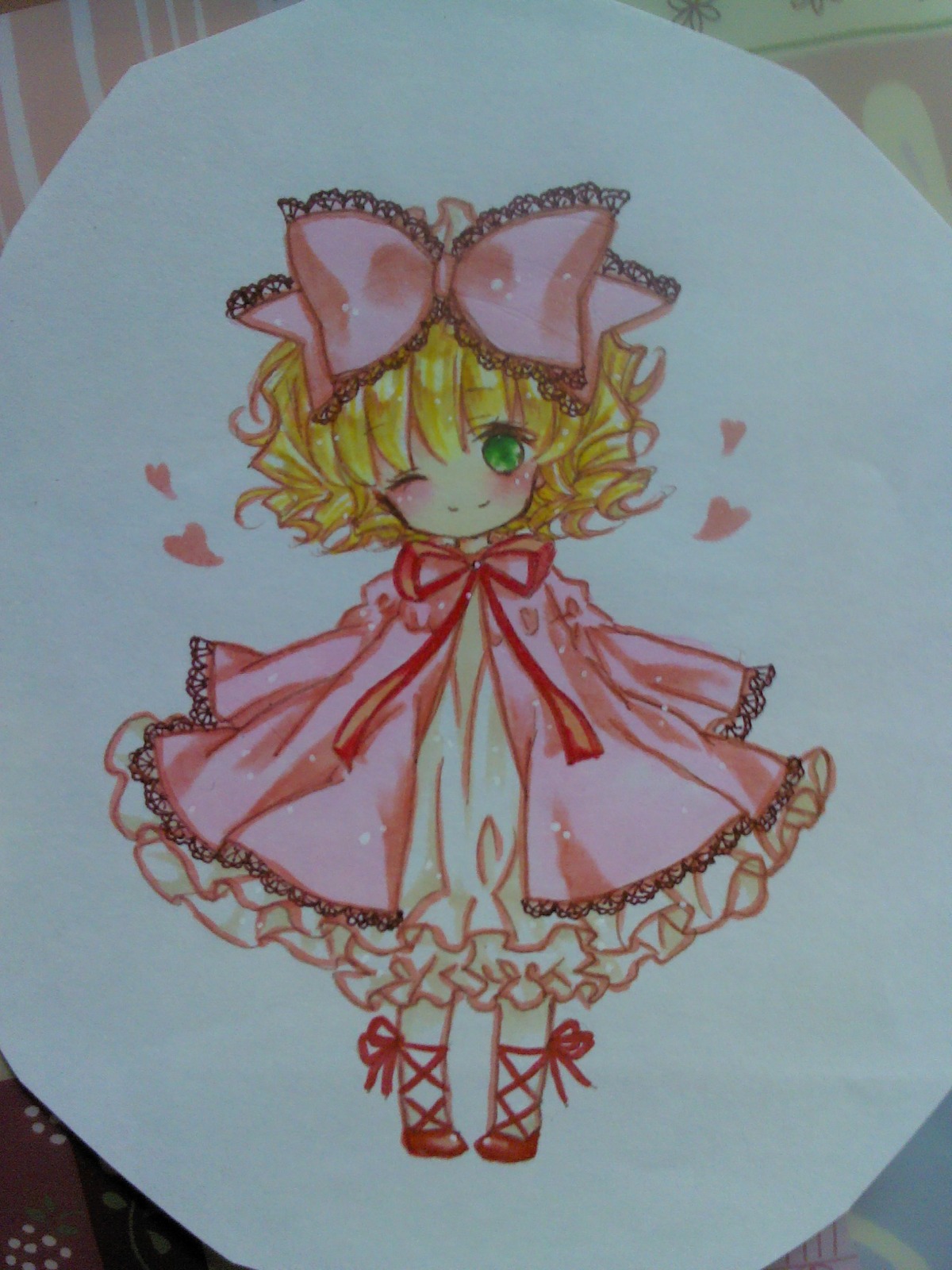 1girl auto_tagged blonde_hair bloomers bow colored_pencil_(medium) dress green_eyes hair_bow heart hina_ichigo hinaichigo image long_sleeves one_eye_closed short_hair smile solo traditional_media underwear watercolor_(medium)