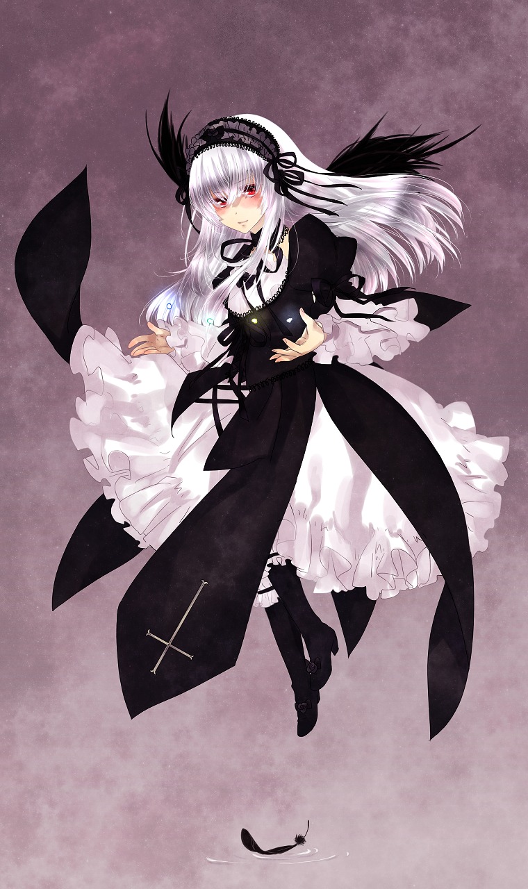 1girl bangs black_dress black_feathers black_footwear black_ribbon black_wings blush boots closed_mouth dress eyebrows_visible_through_hair feathered_wings feathers flower frilled_sleeves frills full_body gothic_lolita hairband image juliet_sleeves lolita_fashion long_hair long_sleeves looking_at_viewer puffy_sleeves red_eyes ribbon silver_hair solo suigintou very_long_hair wide_sleeves wings