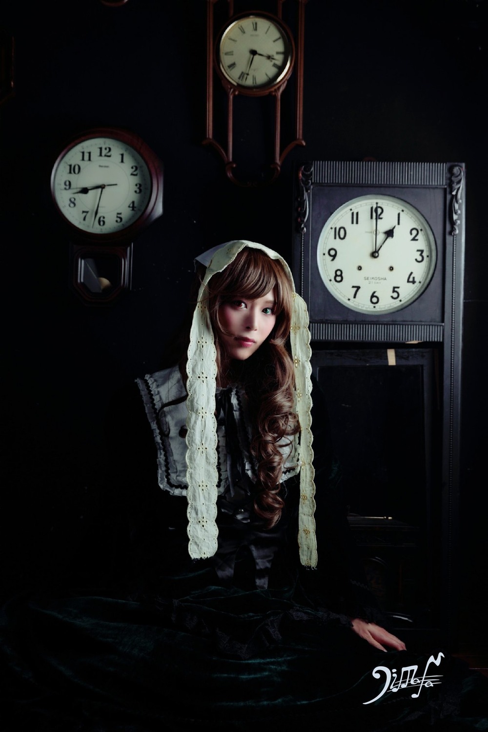 1girl analog_clock brown_hair clock clock_tower gears light_bulb lips looking_at_viewer nun pocket_watch skull solo suiseiseki tower