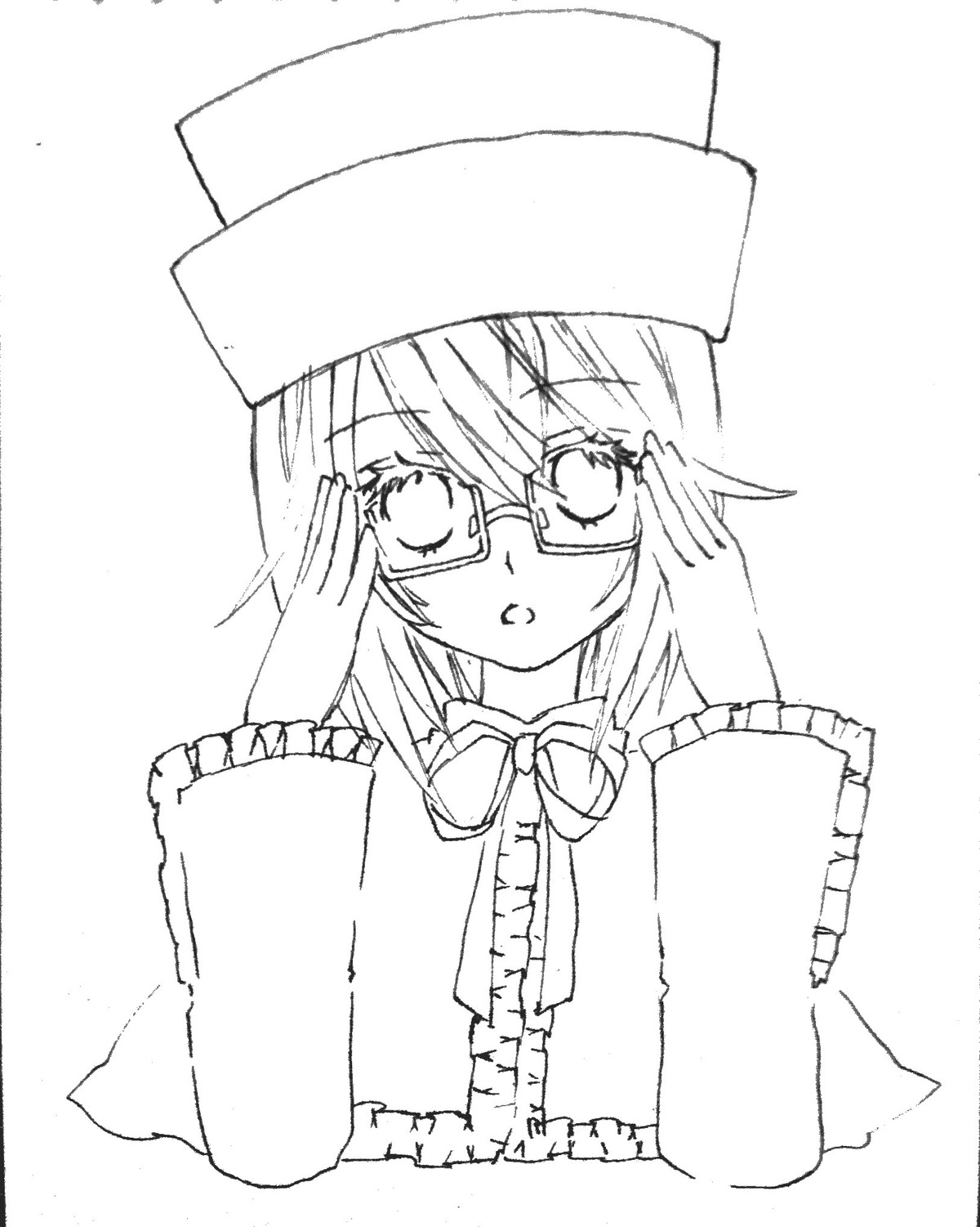 1girl adjusting_eyewear bespectacled blush eyebrows_visible_through_hair glasses greyscale hat image long_sleeves looking_at_viewer monochrome sleeves_past_wrists solo souseiseki upper_body