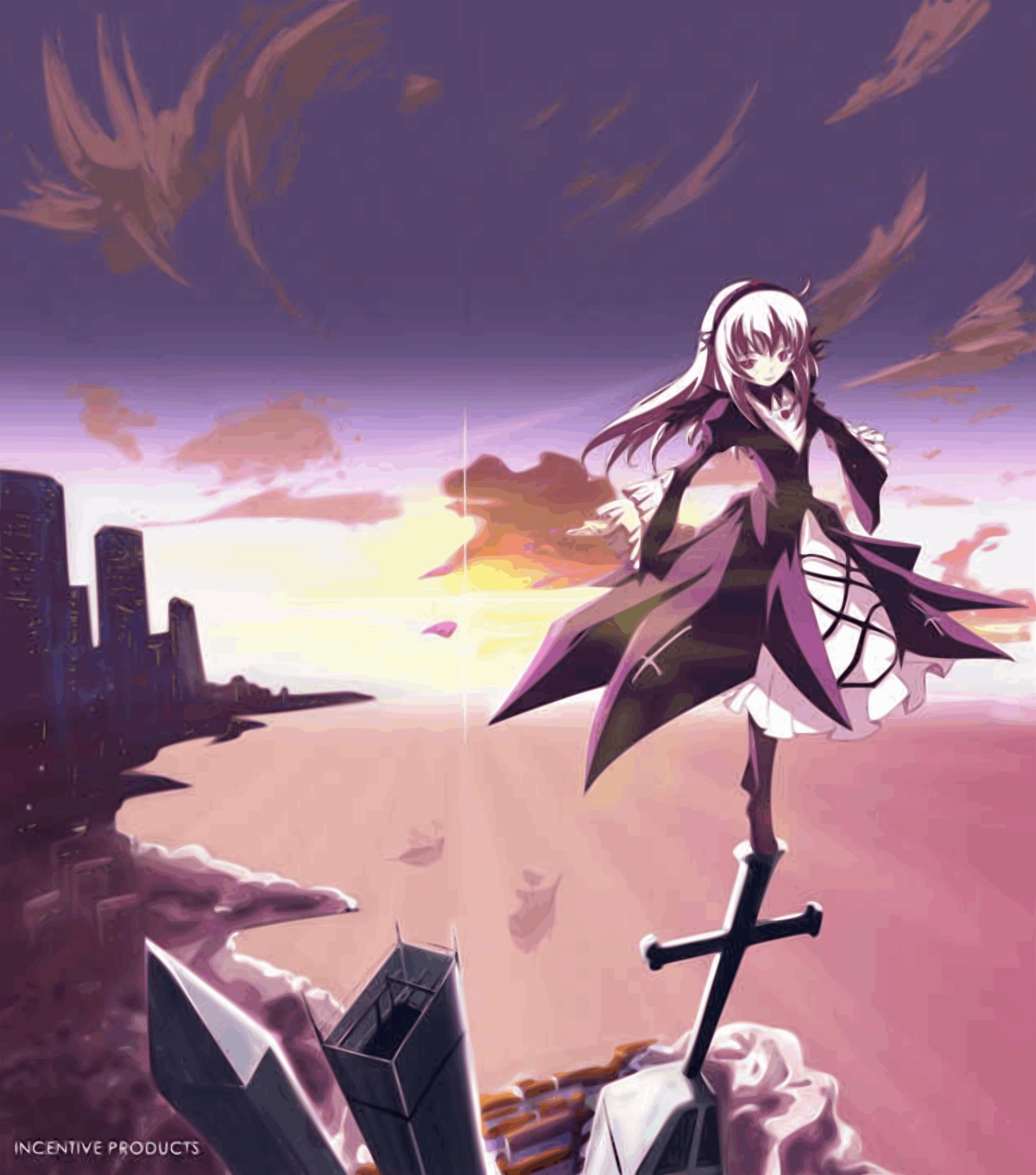 1girl building cloud hairband image long_hair sky solo suigintou sunset